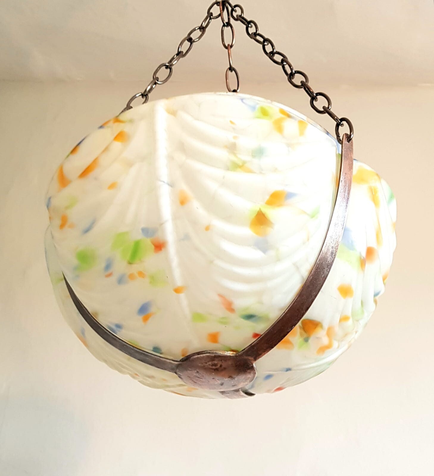 RARE LARGE ART DECO GLASS BOWL SHADE FLYCATCHER PLAFFONIER ORIGINAL METAL CRADLE