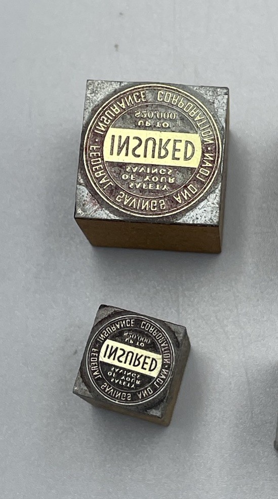 Lot Of 2 Vintage Printing Letterpress Blocks FDIC Safety Of Your Savings Insured