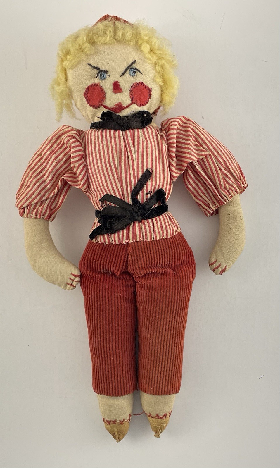 Antique Handmade Cloth Rag Doll Primitive Folk Art Red Corduroy 1910s 1920s