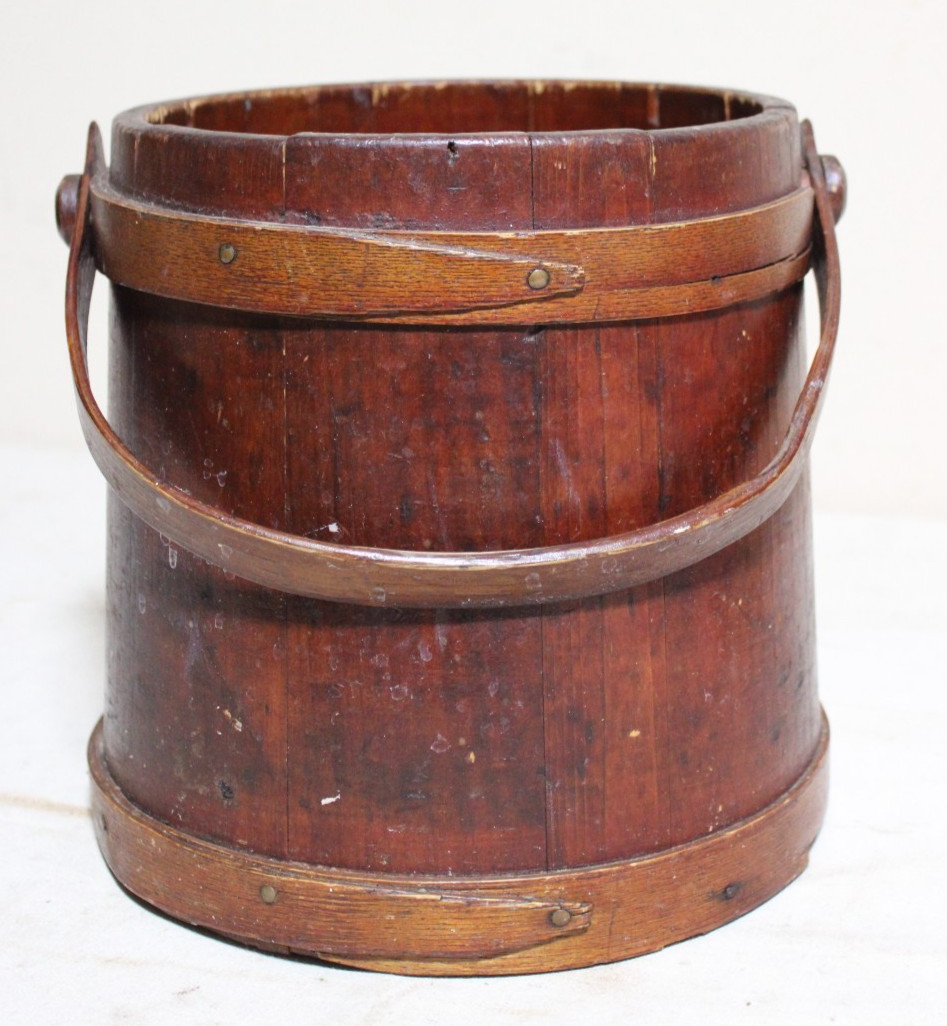 9.5″ ANTIQUE SUGAR BUCKET FIRKIN PRIMITIVE DARK PATINA WOOD COUNTRY NEW ENGLAND