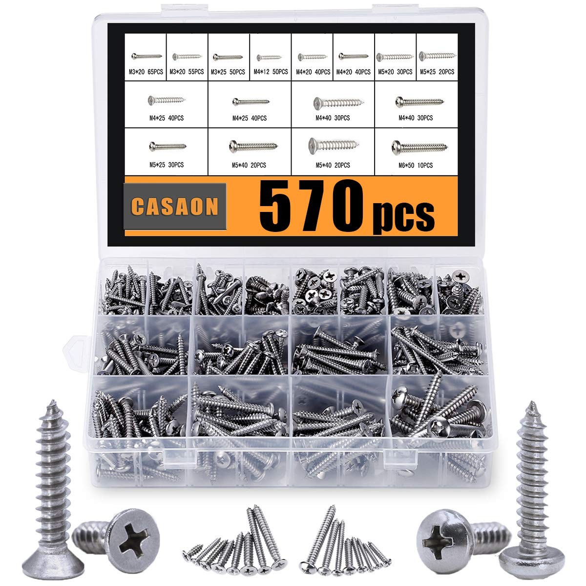CASAON 570Pcs Self Tapping Screws Assortment Set, M3/M4/M5/M6 304 Stainless…