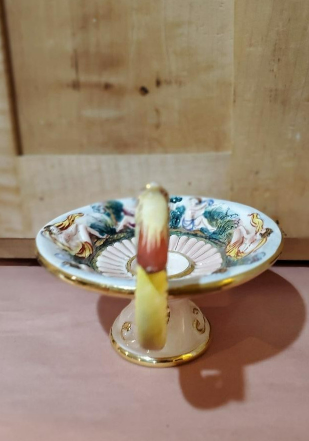 Capodimonte Candle Holder Ceramic Handled/Pedastal Cherubs Vtg Signed ITALY