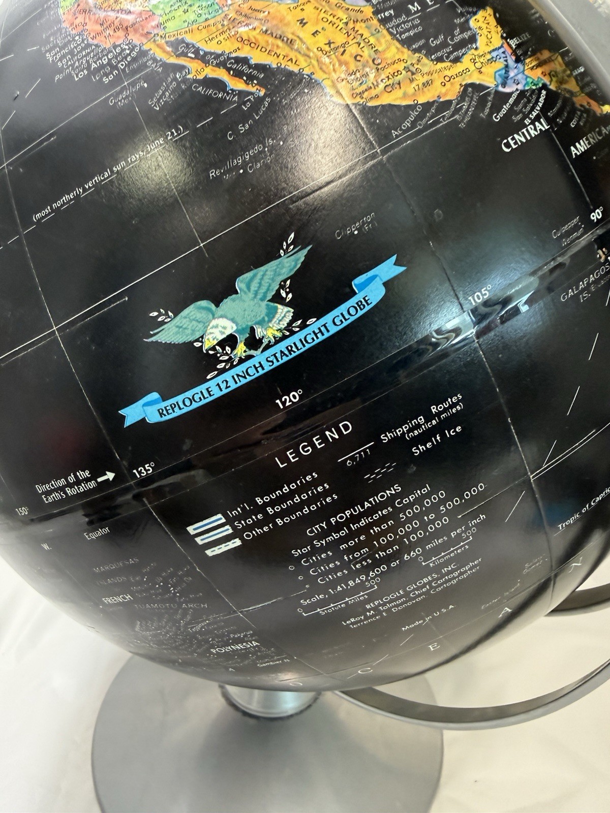 Replogle 12” Starlight Globe Black Ocean Metal Base Vintage USA