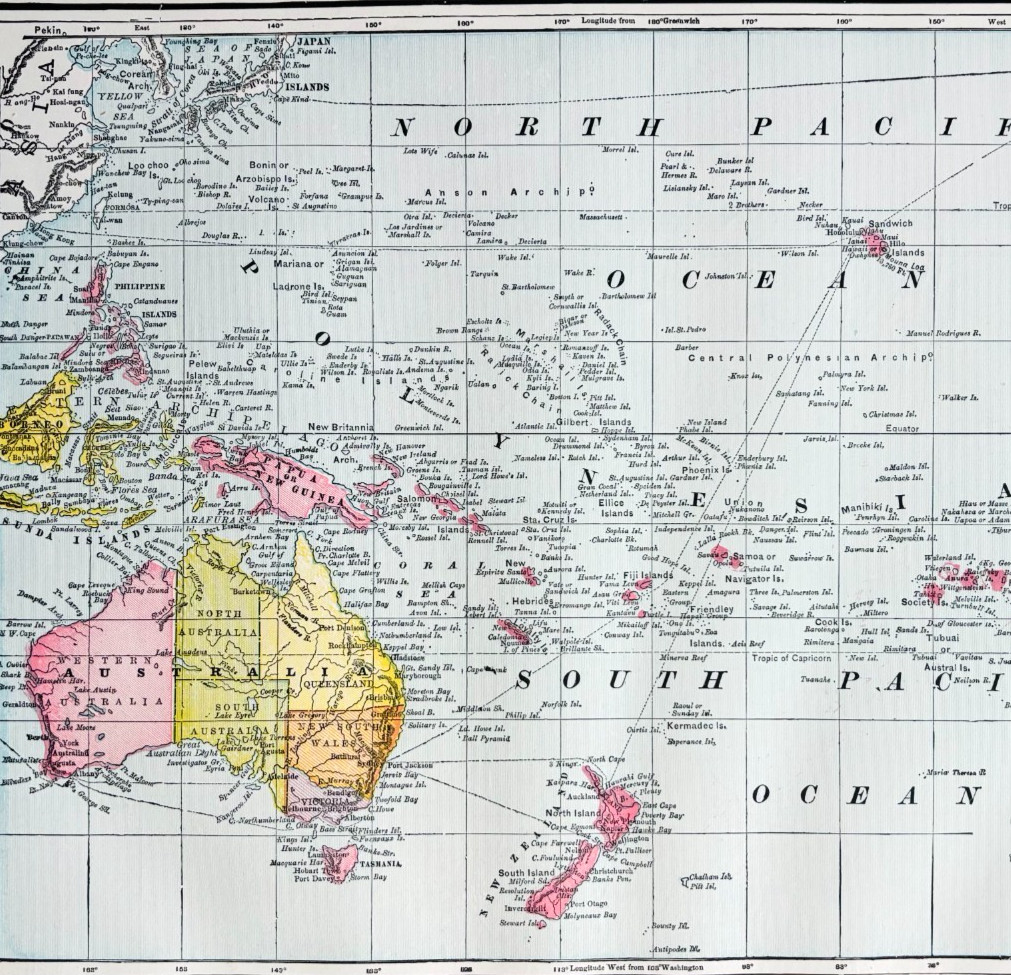 1895 Oceania And Australia Map Antique Victorian Geography History DWYY10C