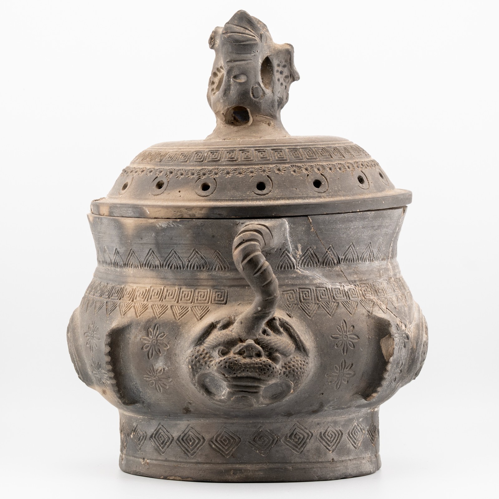 Chinese Archaic Vessel Terracotta Pottery Censer Pierced Cover Dragon Late 20C