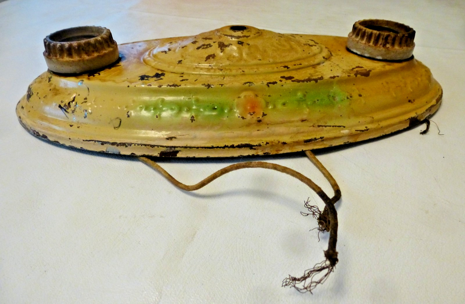 1930s Art Deco Nouveau Tin Leviton Twin Light Flush Mount Ceiling Fixture