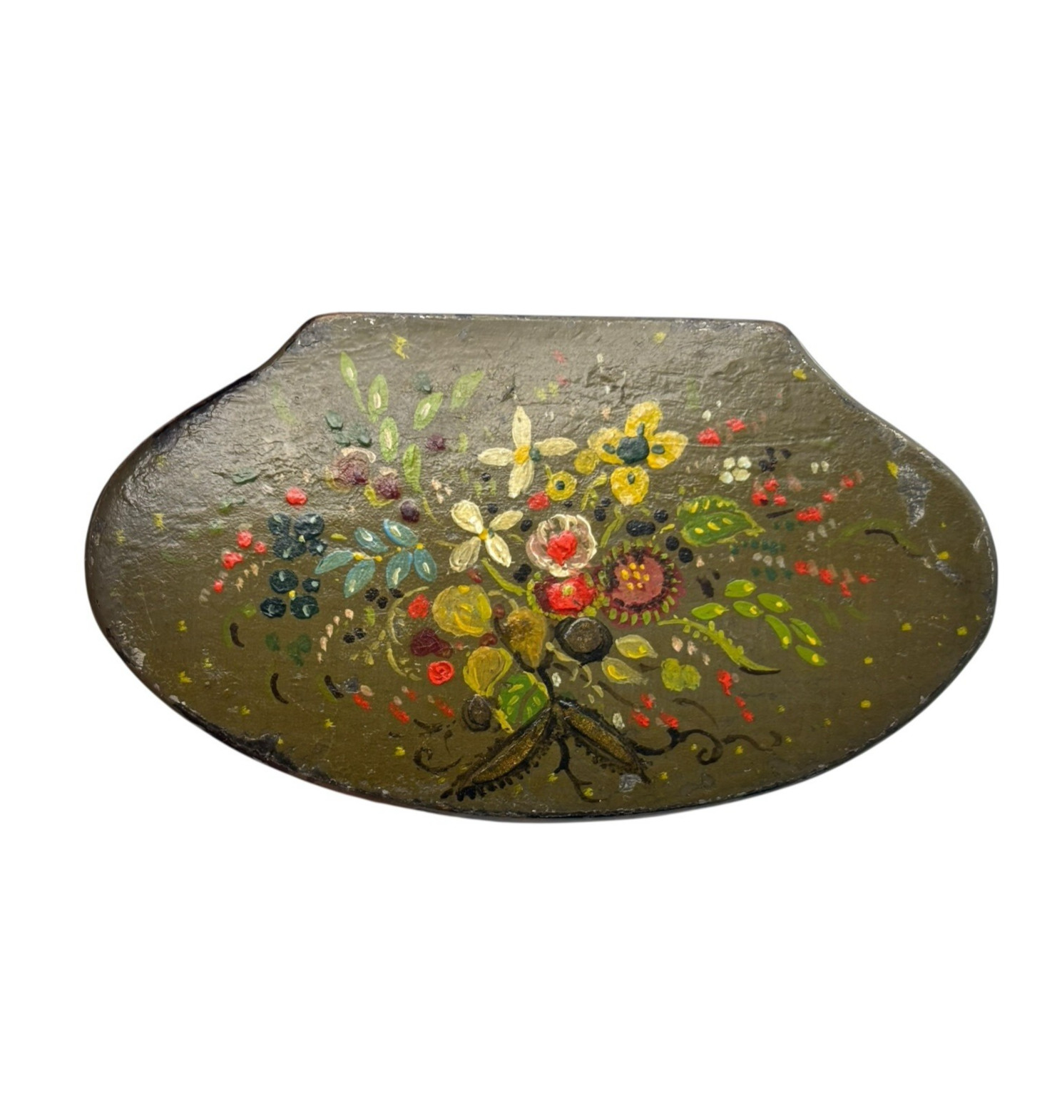 Antique Small Lidded Lacquer Paper Mache Snuff Box Hand Painted Flowers Floral