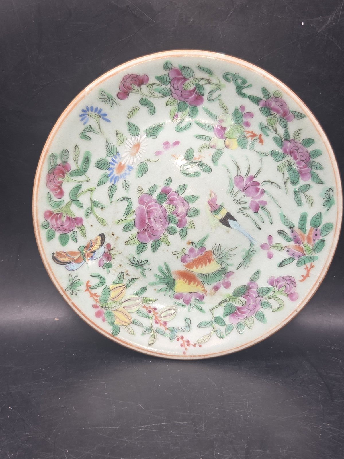Antique Chinese Celadon Canton Famille Rose Plate 7″ 19th Century Chinese Export