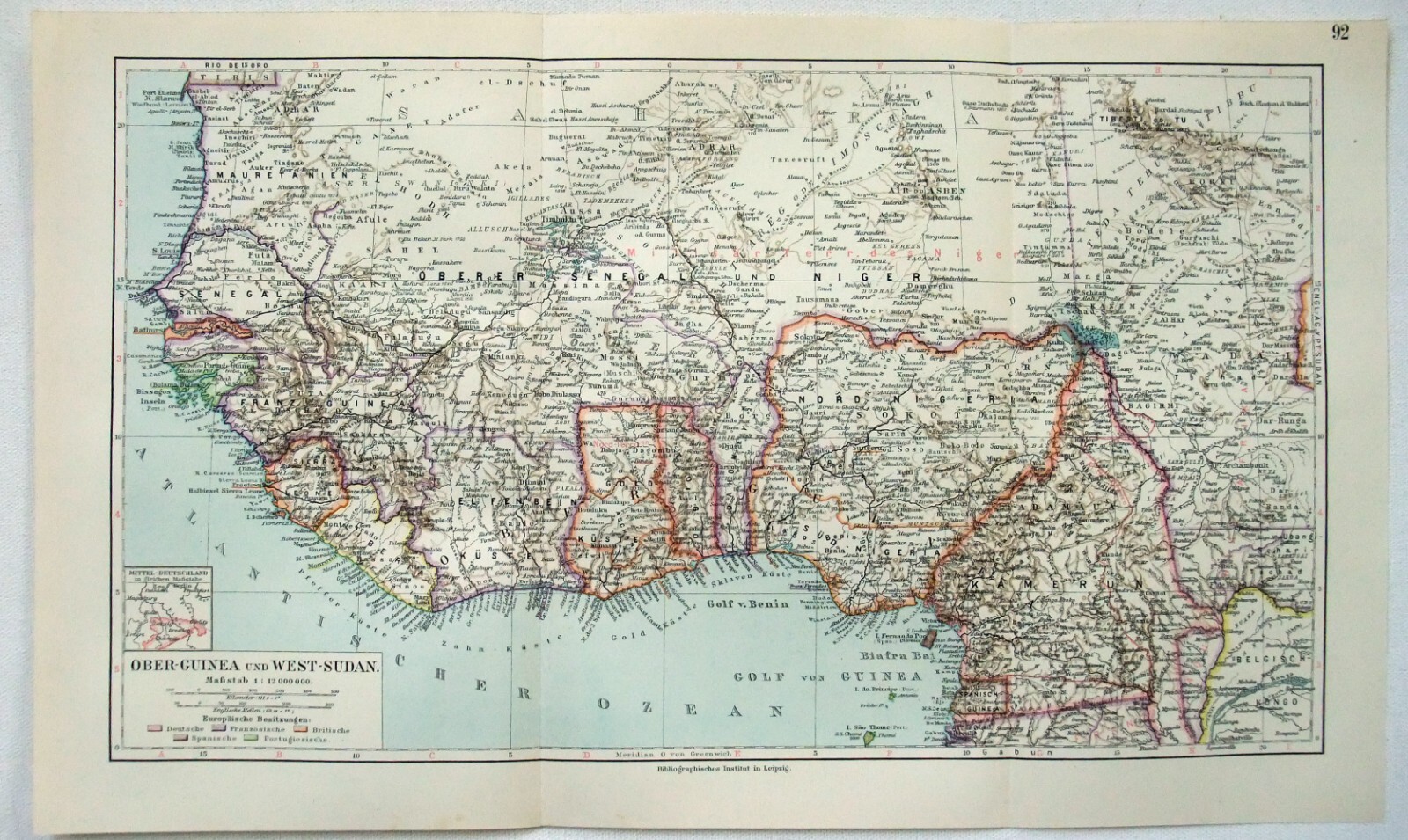 Original 1909 Map of Africa from Upper Guinea to West Sudan by Meyers. Antique