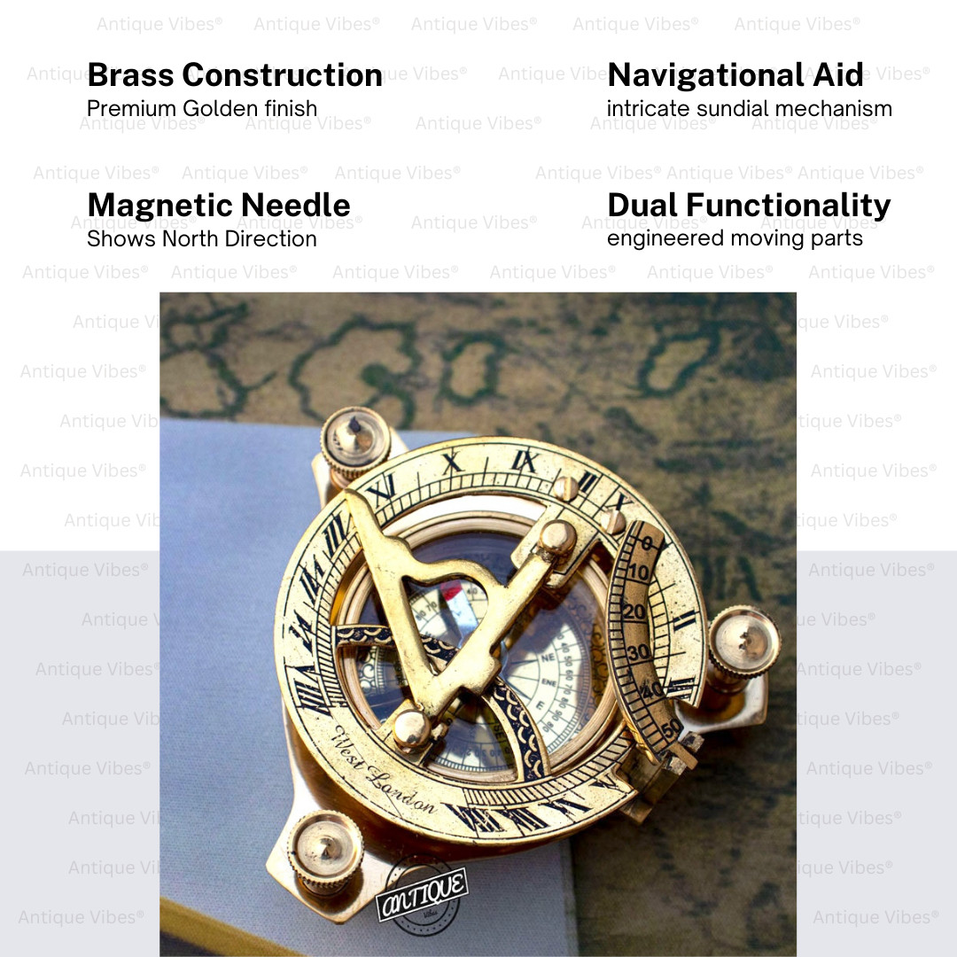 Vintage Brass Sundial Compass, Maritime navigation Collectible, Gift For Men, 3″