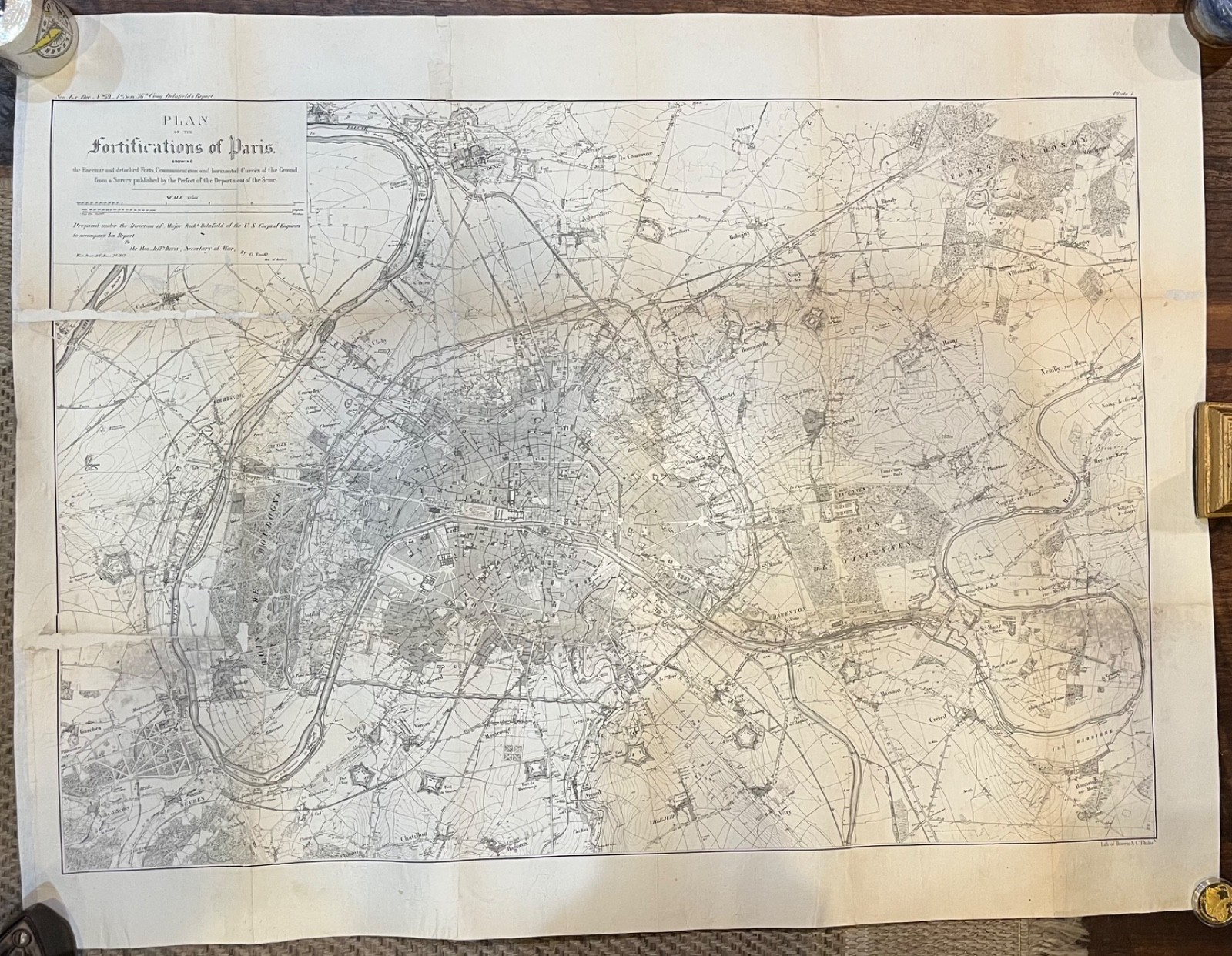 1857 Large Original MAP “Plan of the Fortifications of PARIS” Linen Mount