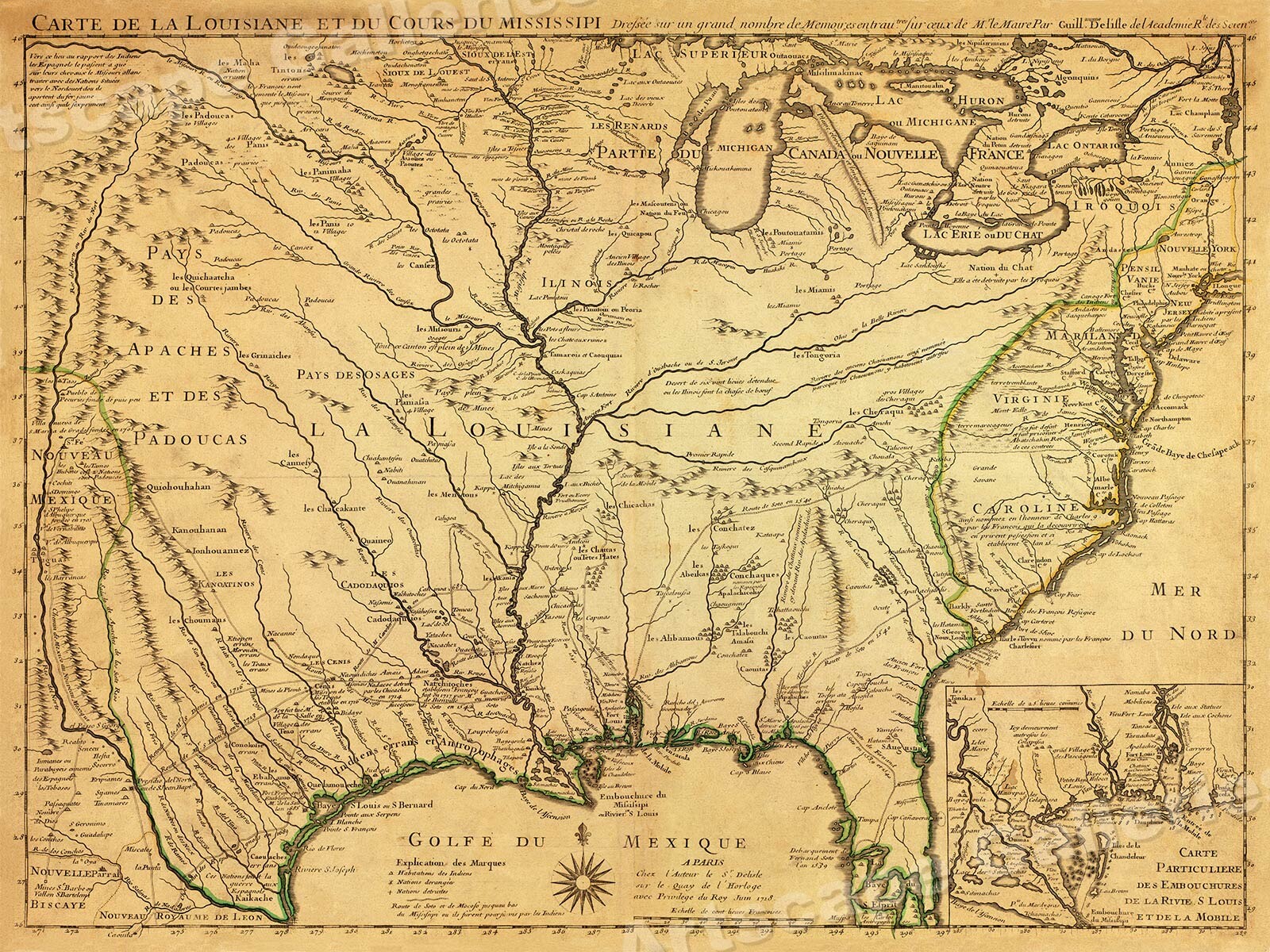 1718 Lousiana Territory & Mississippi River Historic Map – 24×32
