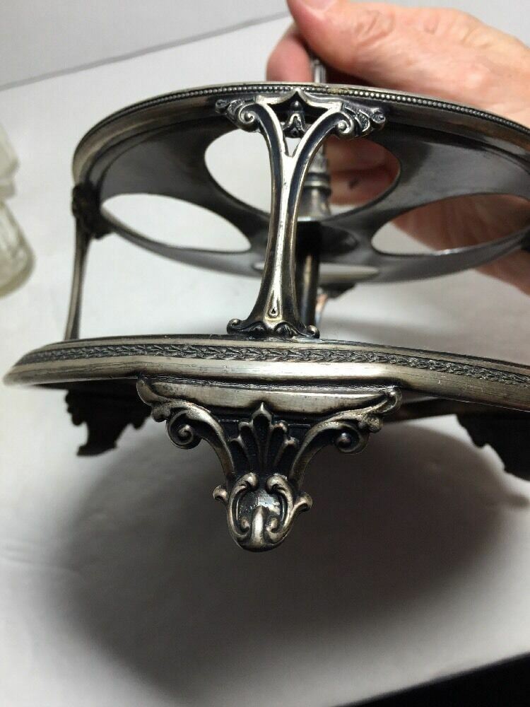 Antique Condiment Server Silver Plate Glass Jars Stamped Damaged A523