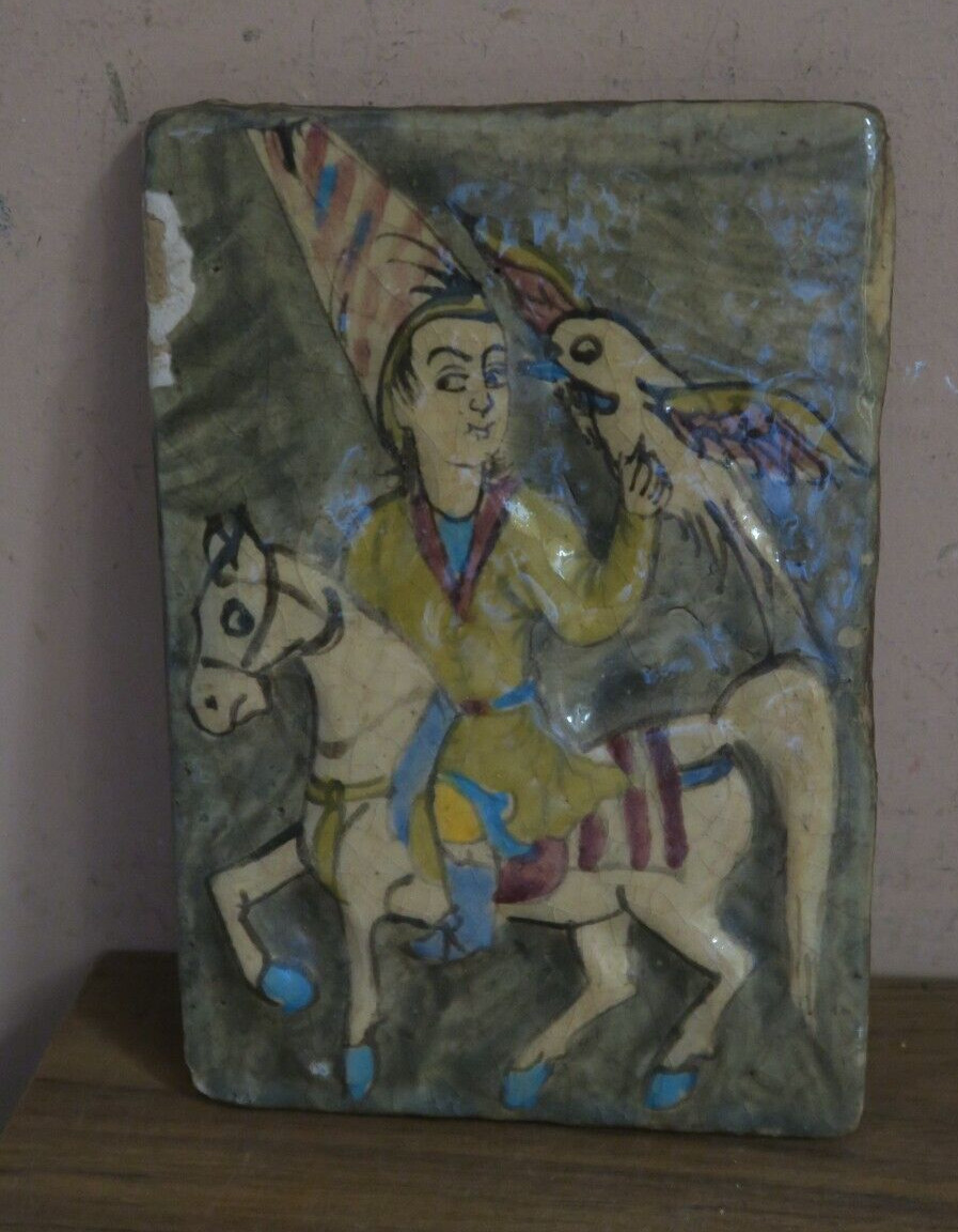 ANTIQUE IZNIK PERSIAN GLAZED ARMENIAN POTTERY TILE HORSE FALCONER 6″ X 8.5″