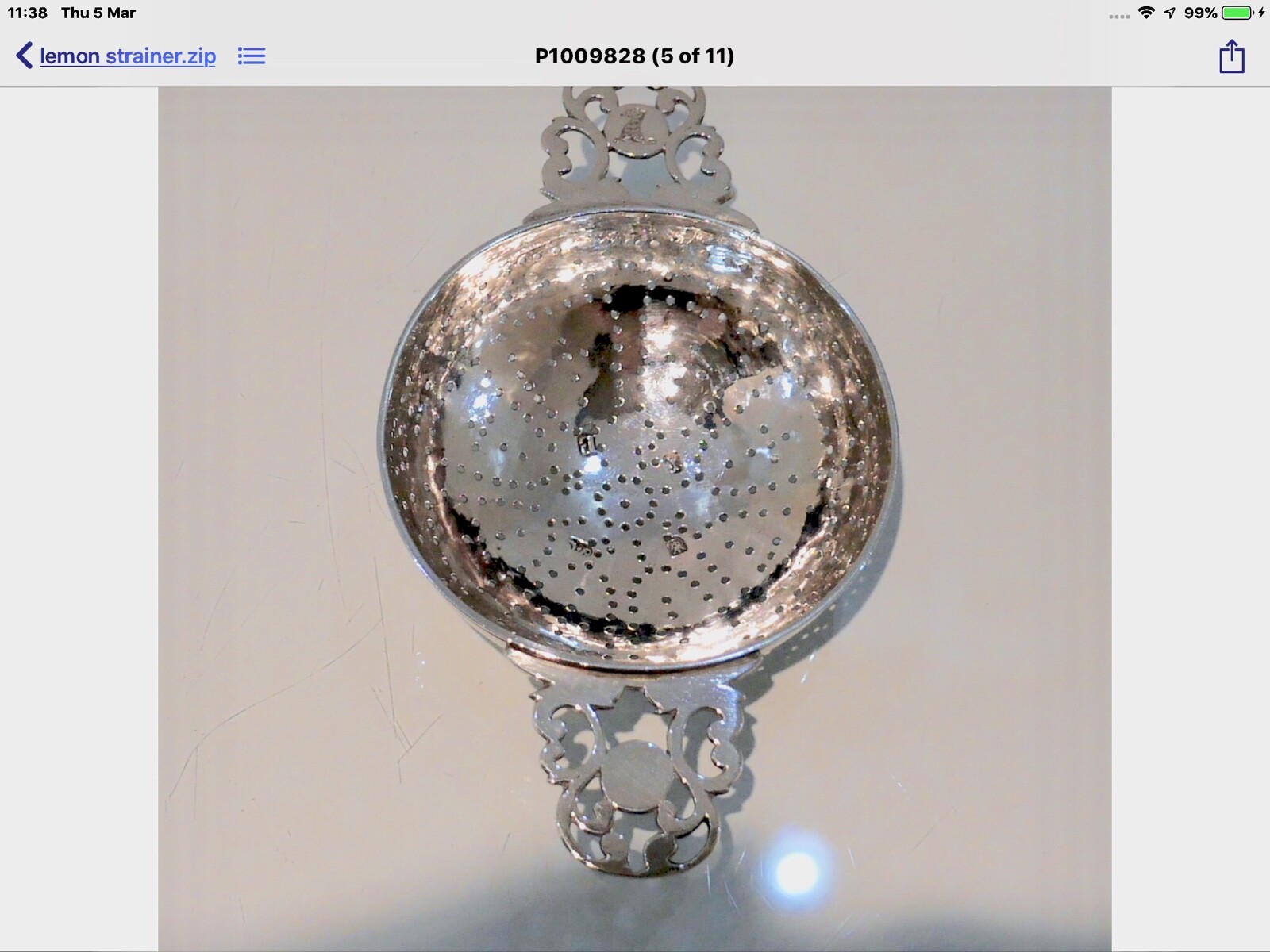 George I Sterling Silver Lemon Strainer London 1726 James Goodwin