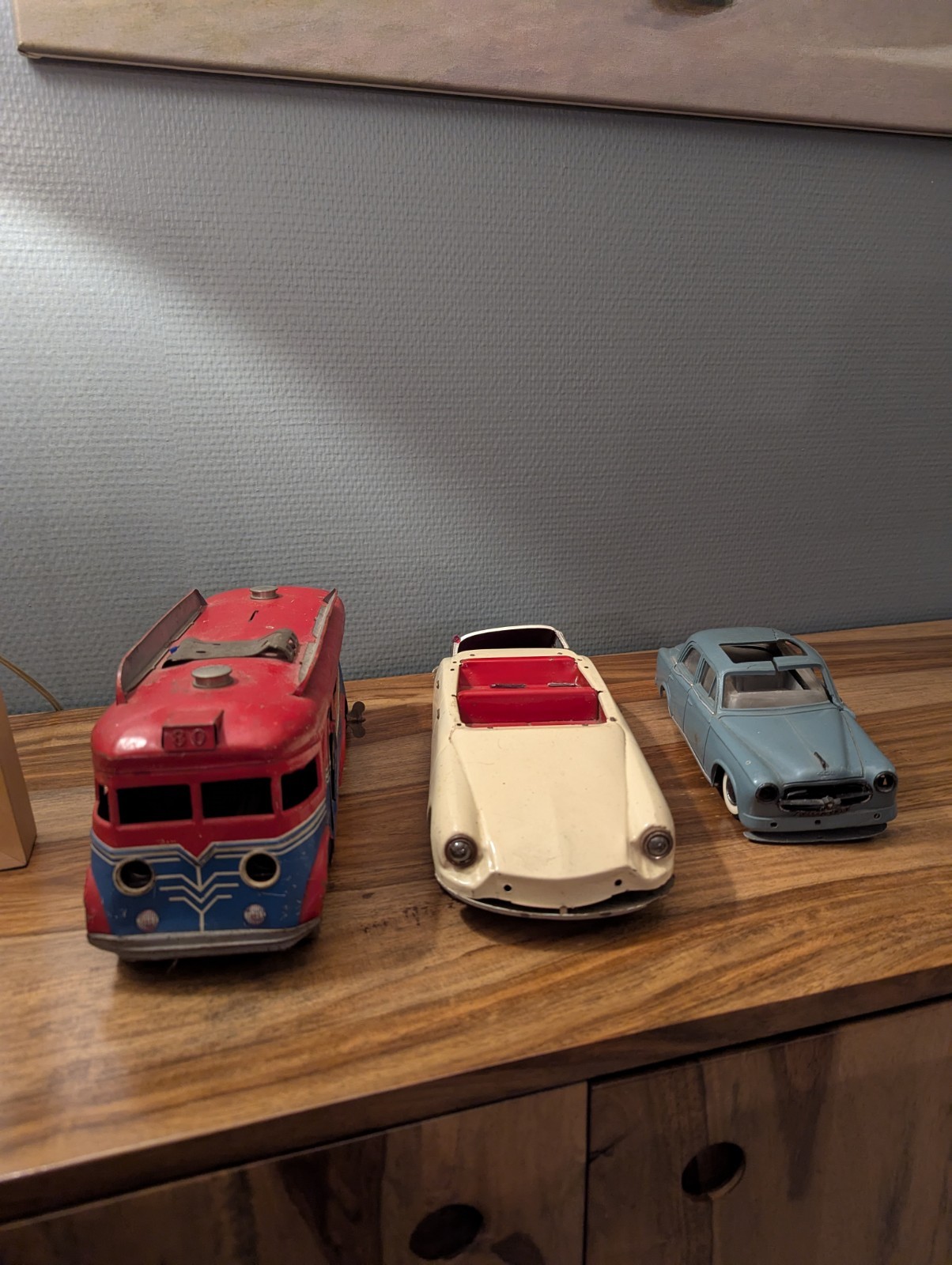 Lot Of Three Vintage Tin Miniature Vehicles – Bus, Cabriolet SEDAN