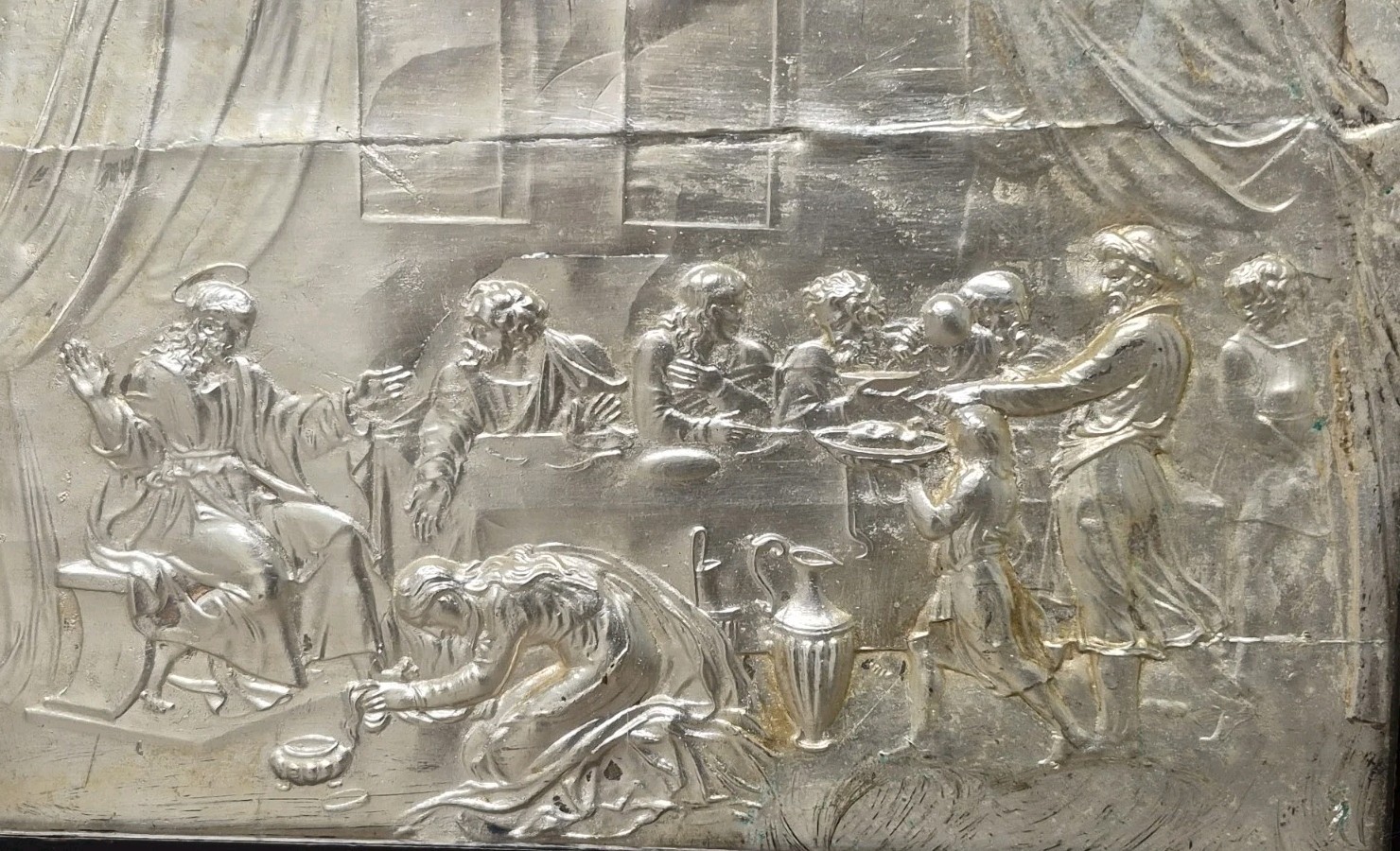 ANTIQUE BAS RELIEF LAST SUPPER SILVERED ANDREW DUTHIE SCOTTISH GALLERY LABEL 10″
