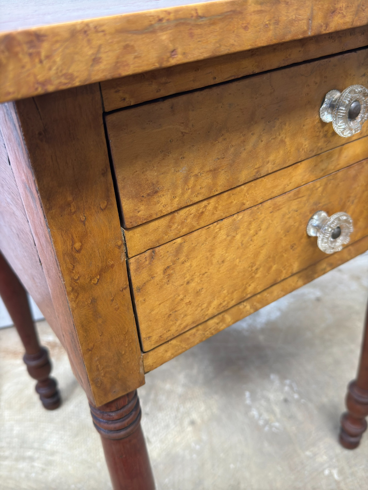 antique Birdseye maple & cherry red wash 2 drawer table stand Country Farm