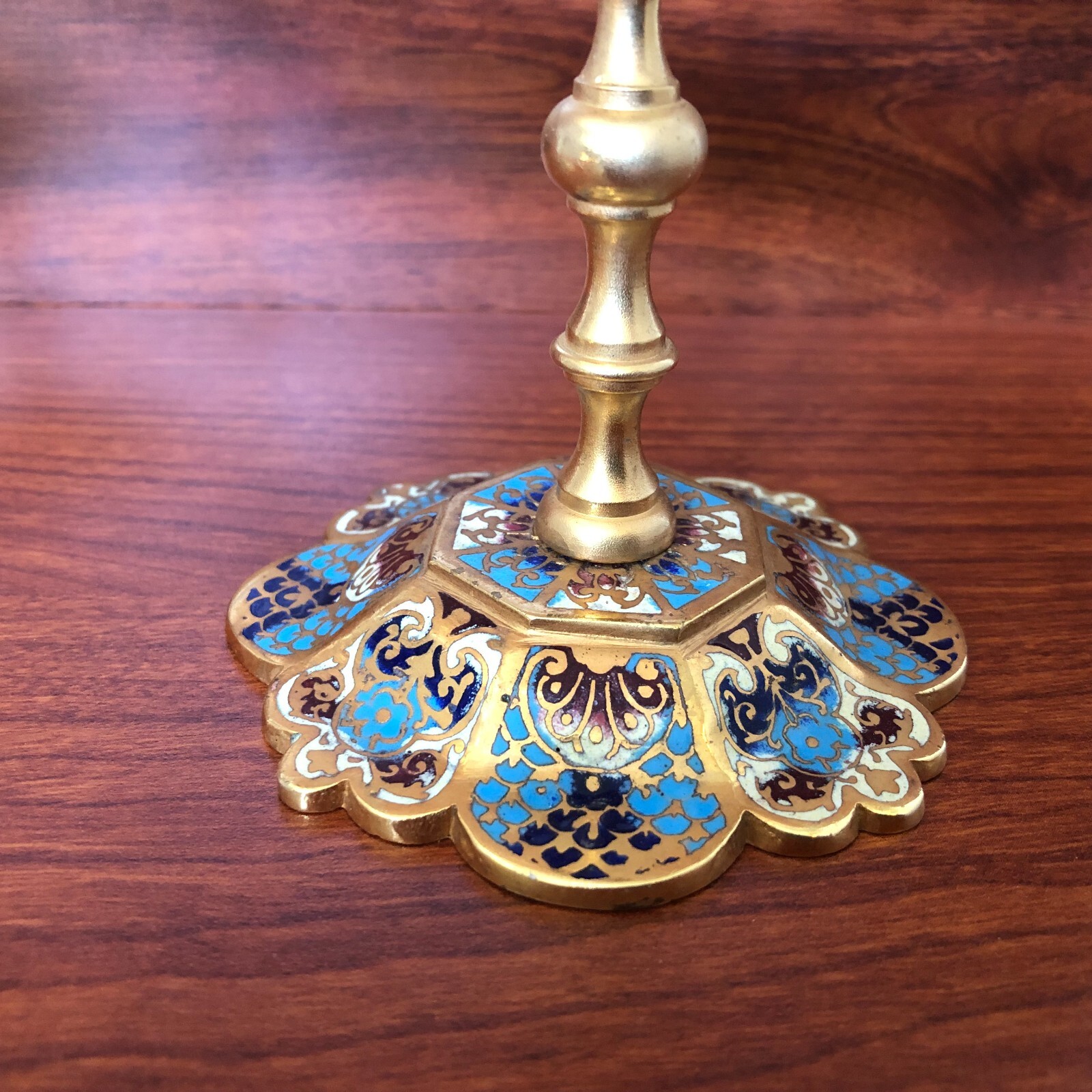 Antique French Pair Champleve Enamel , Gilded Bronze with Hand Cut Glass Compots