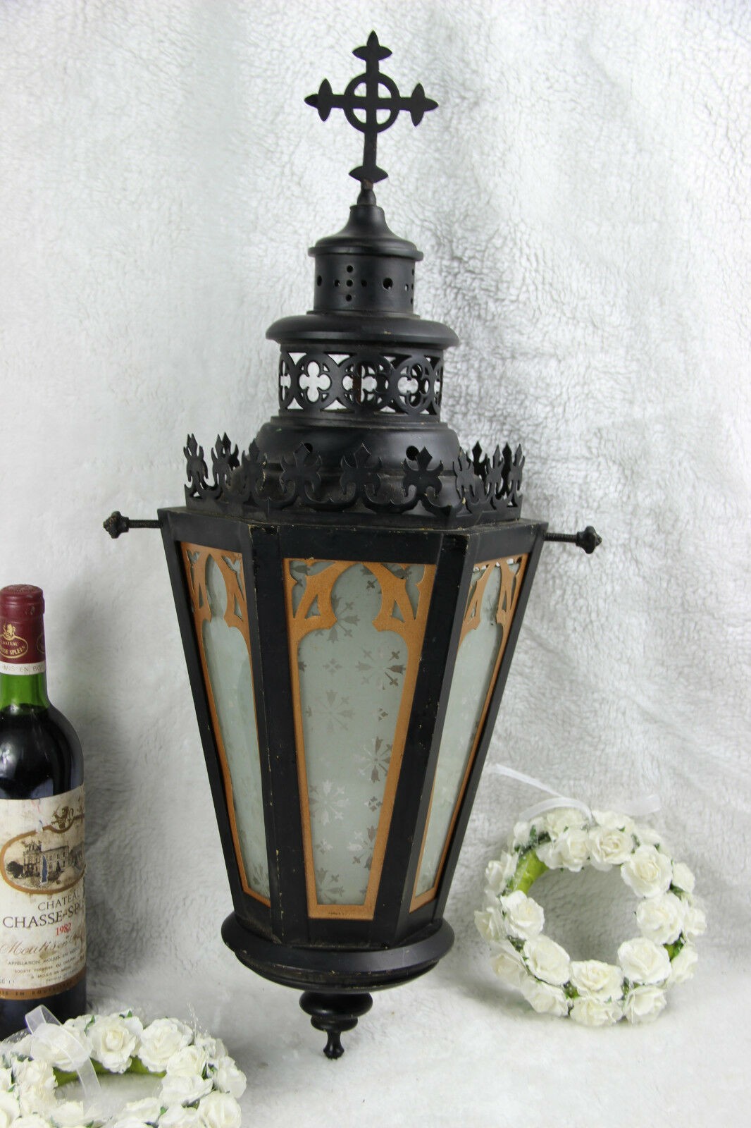 Religious gothic church Lantern light metal black cross Glass Candle holder