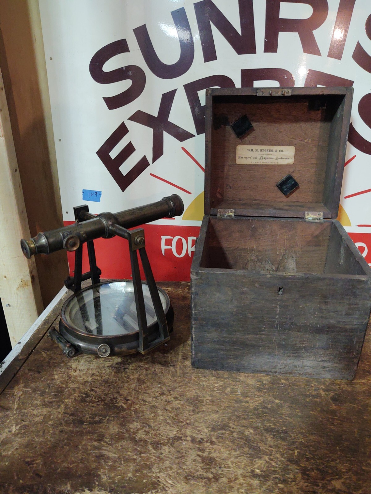 RARE Antique WM. Stokes Surveyor Compass Transit W/ Wood Case Cincinnati Ohio