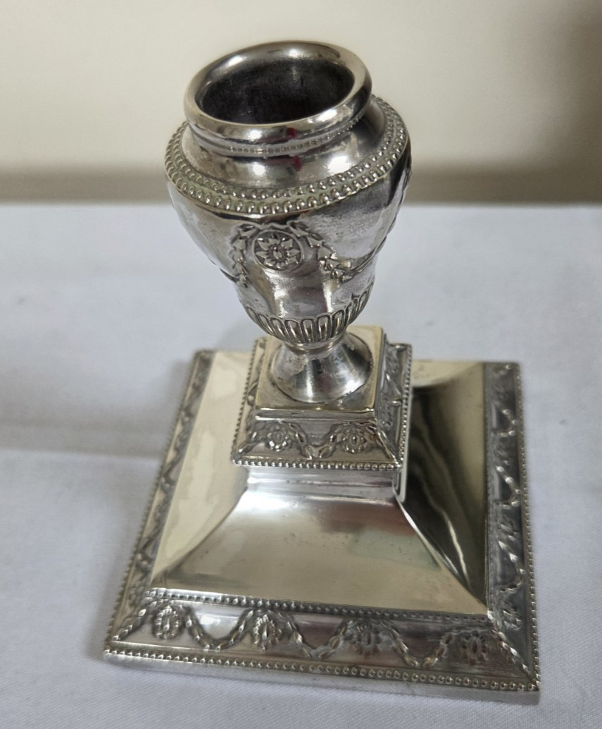 Victorian Neo Classical style silver plated dwarf urn candlestick c1890