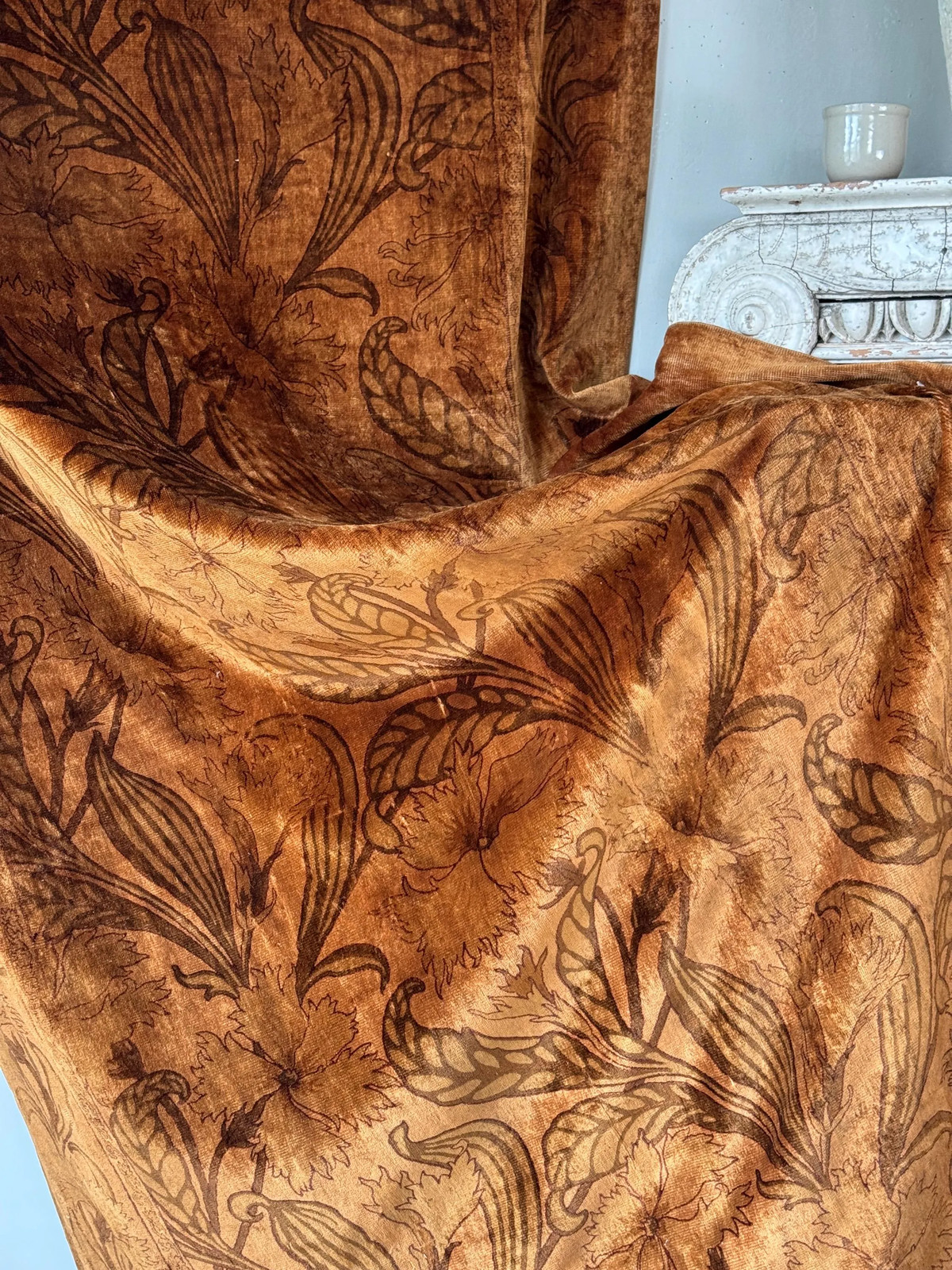 RARE 123×24 c1900 Velvet Curtain c1900 Golden Brown Earth Tones Chateau Decor R