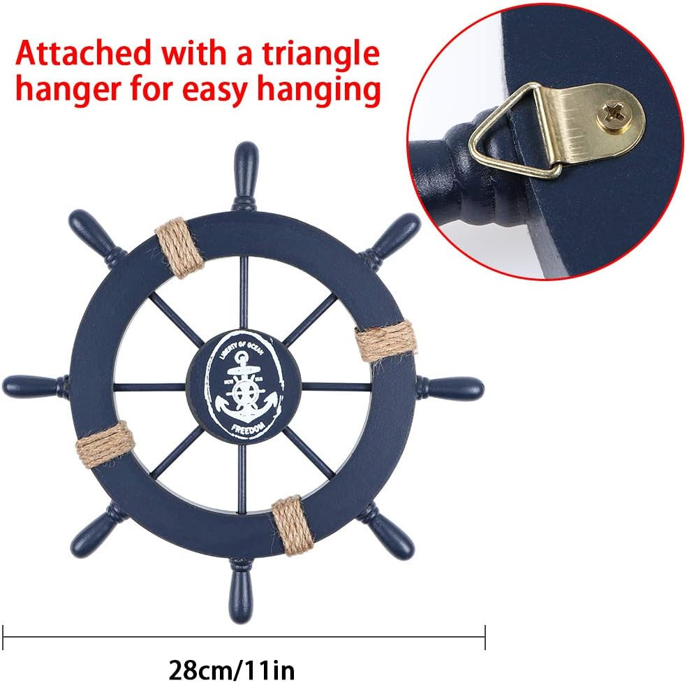 Wooden Nautical Ship Steering Wheel, Small Ship Rudder and Anchor Wall Decor Set