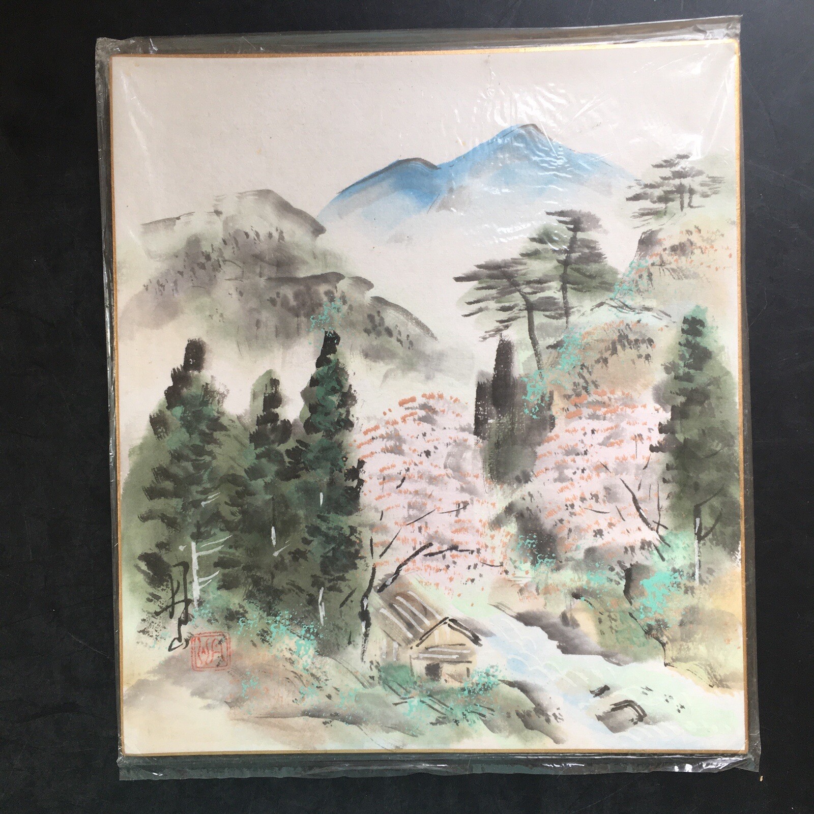 Japanese Mountain Cabin Watercolor Painting on Textured Paper Signed Stamped