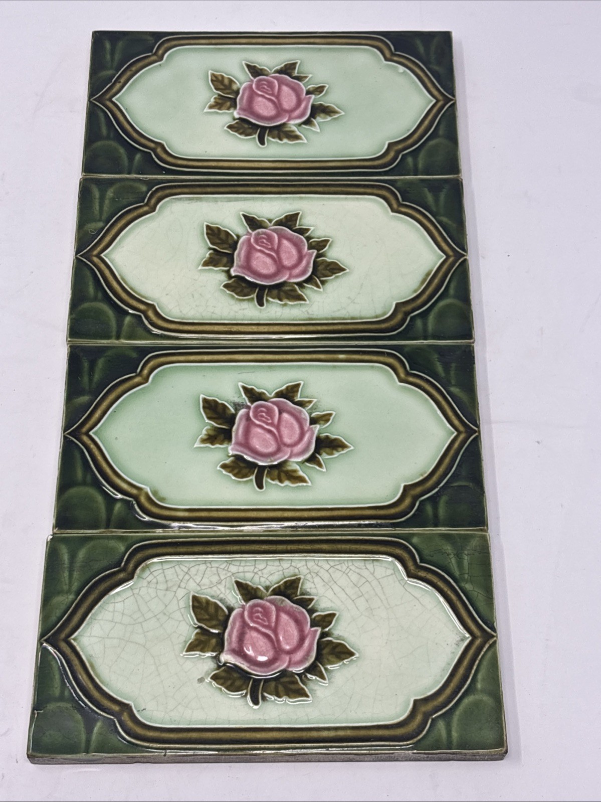 4 Vintage Art Nouveau Rose Pink Flower Border Tile Majolica 6” x 3” Japan