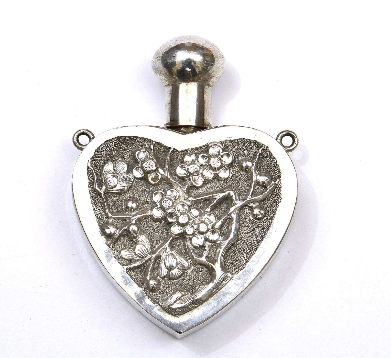 1900’s Chinese Solid Silver Repousse Perfume Bottle Pendant Plum Blossom Bamboo