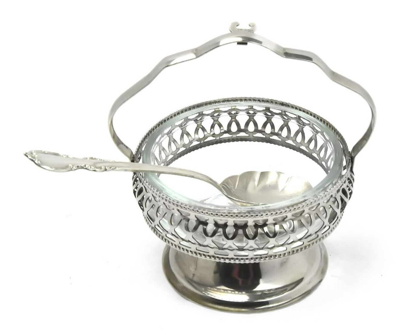 Silver Plate Condiment Server, Weave Basket Glass Bowl Spoon England – SLV221