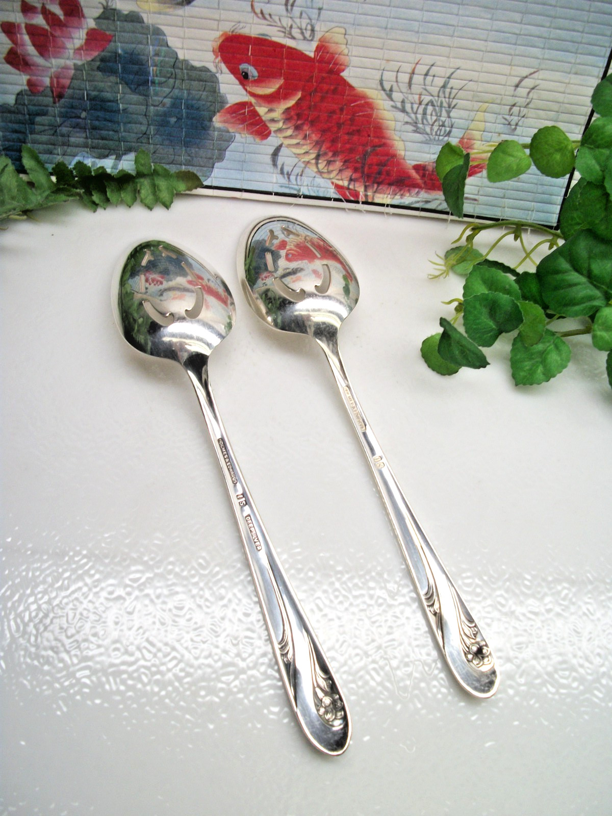 2 International Silver Holmes & Edwards ROMANCE Pierced Serving Spoons 1952