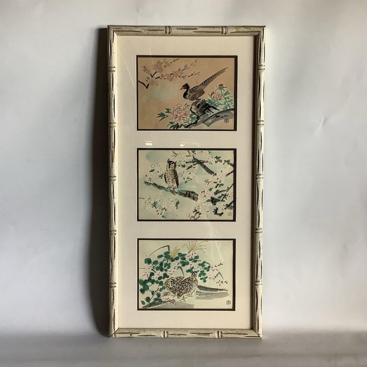 Vintage Chinese Gouache Painting Trio of Birds and Flowers – Framed and Matted