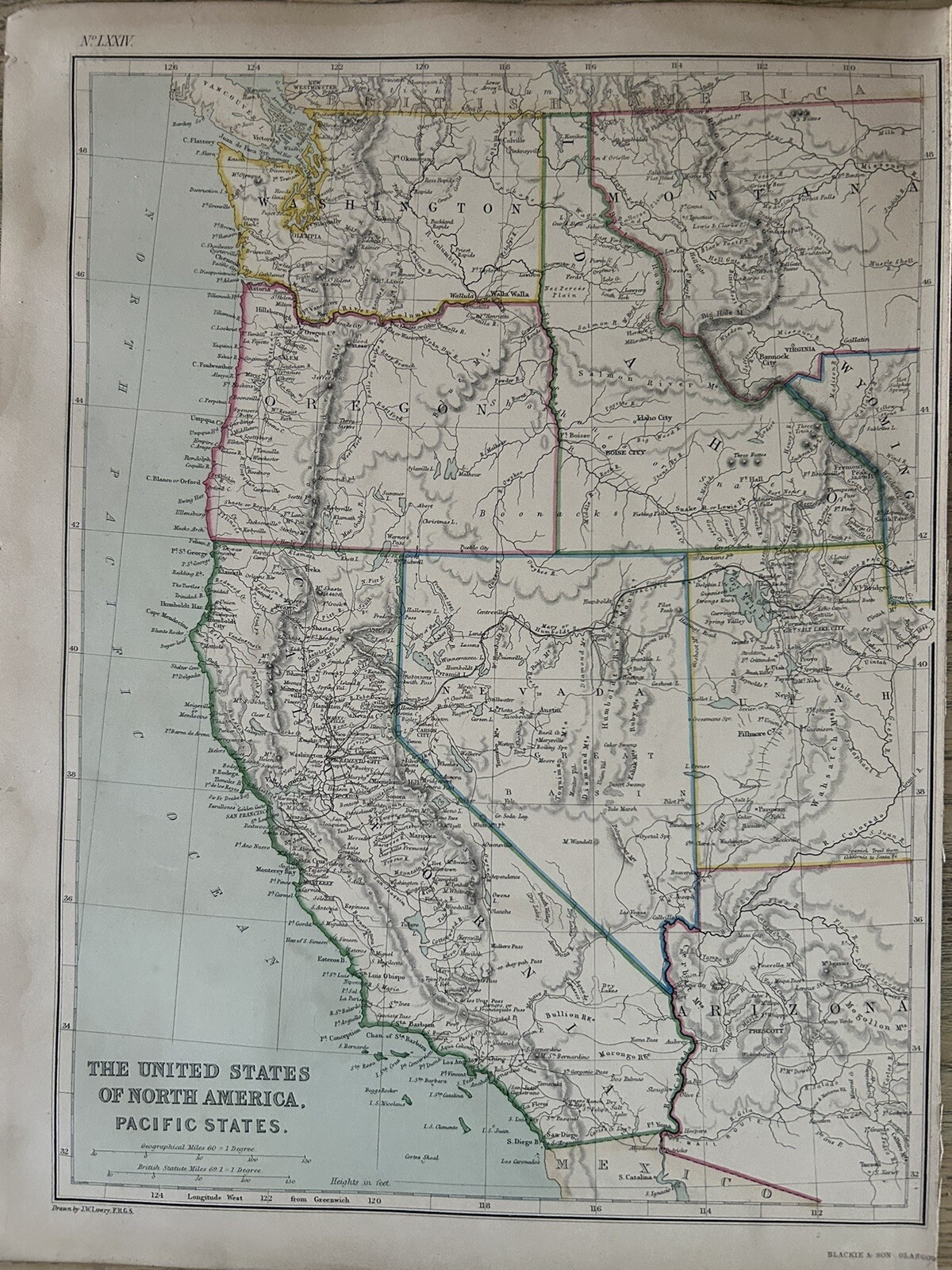 1872 Western United States Hand Coloured Original Antique Map By W.G. Blackie