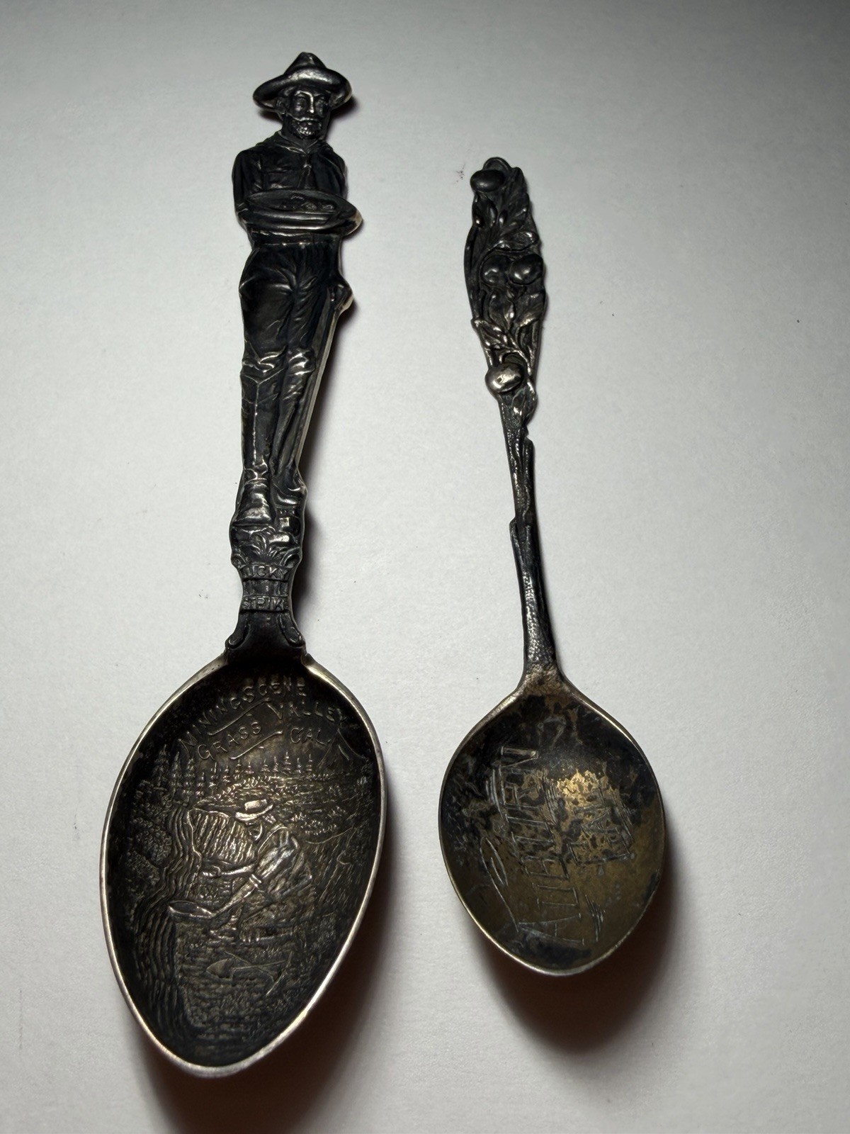 2 ANTIQUE FIGURAL MINING STERLING SILVER SOUVENIR SPOON Grass Valley & Auburn CA