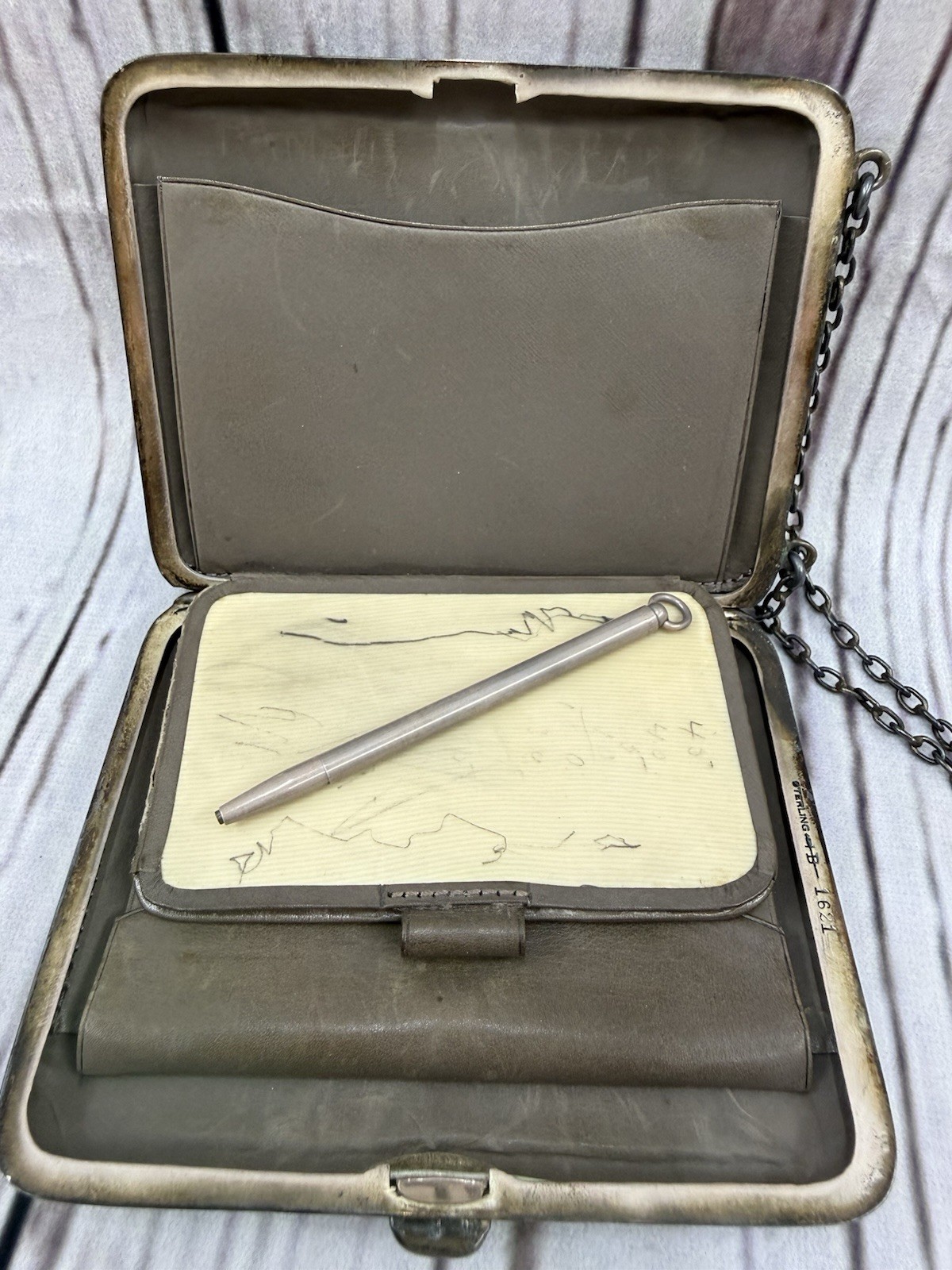 Antique Silver Dance Compact Purse Card Case w Chain Pencil Engraved