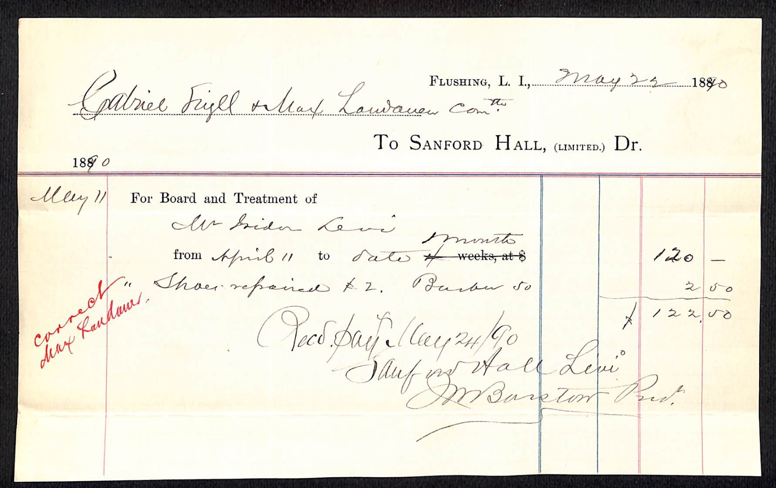 1890 Sanford Hall (Sanitarium) Flushing Queens Medical Treatment Billhead (#30)