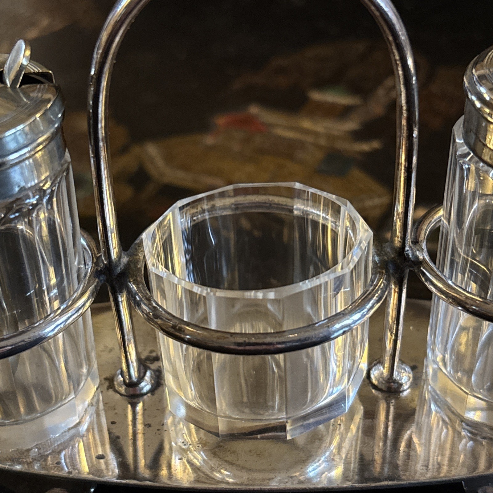 Antique Victorian Lee & Wigfull Silver Plate and Cut Glass Cruet Set
