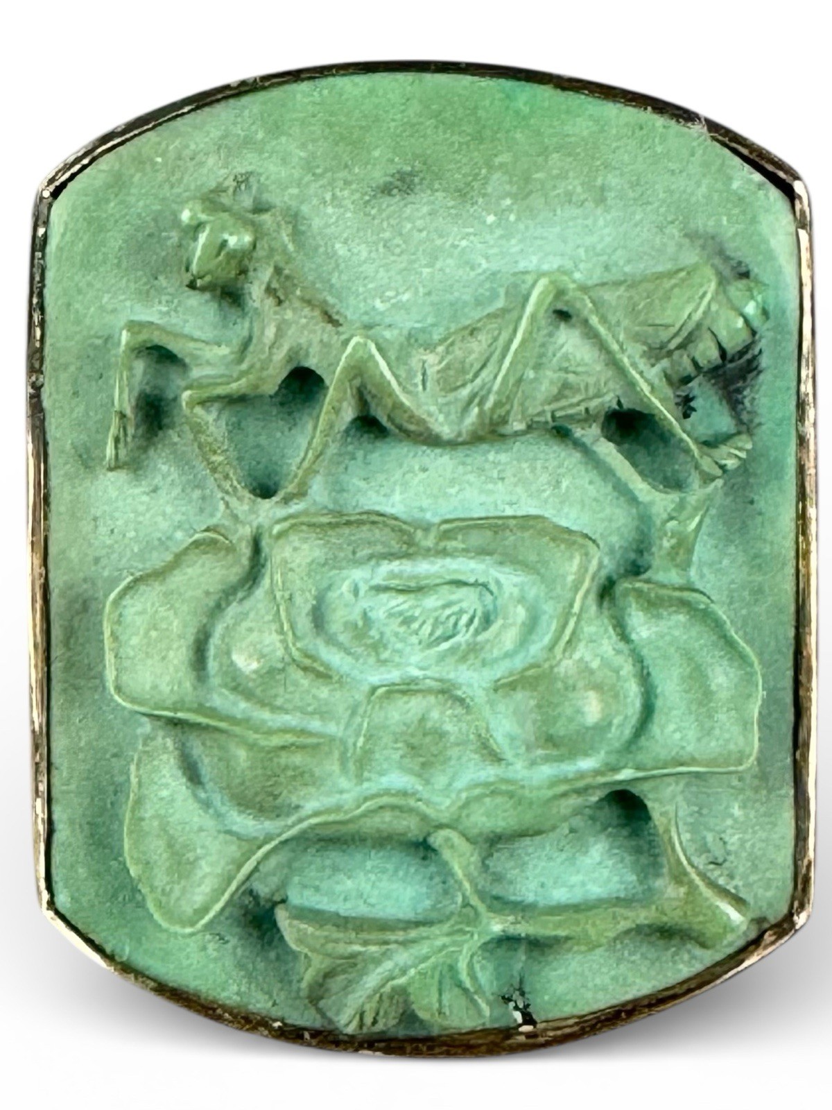 Chinese 9ct Gold Mounted Turquoise Ring, Carved Mantis On Peony, UK Size L