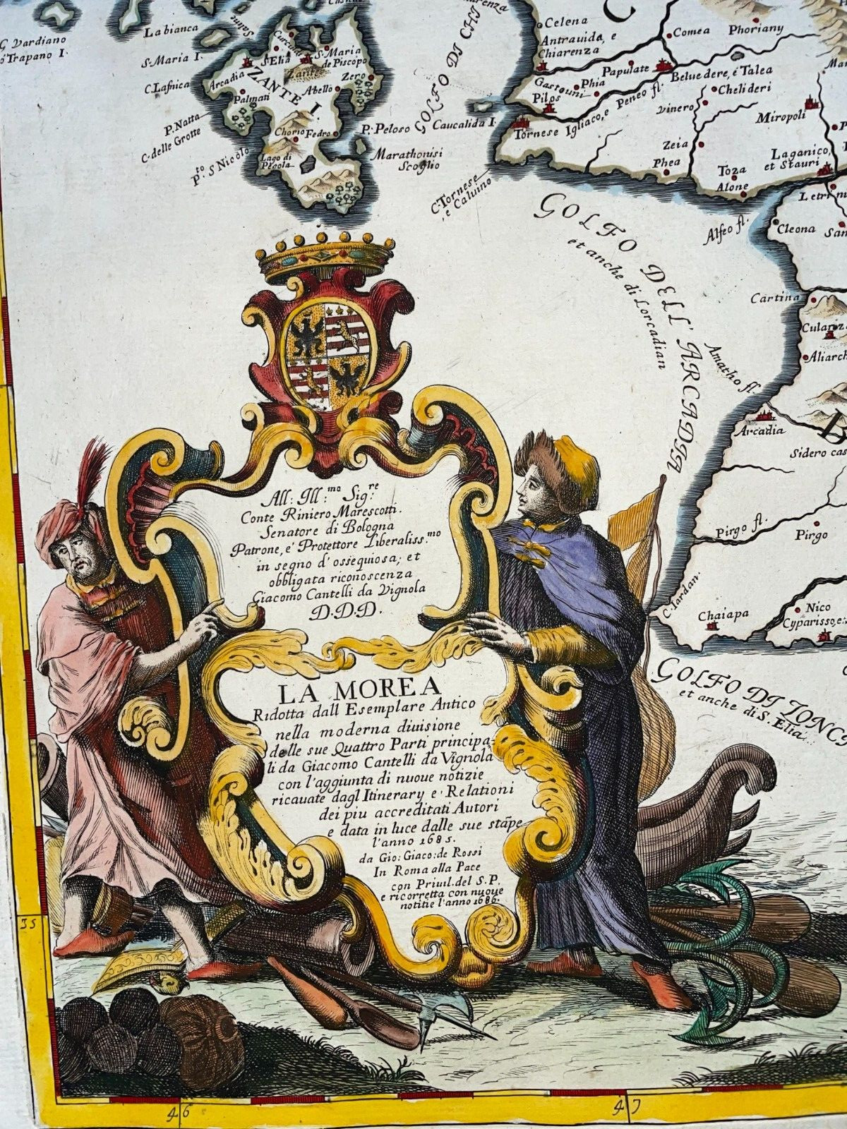 GREECE LA MOREA 1686 VIGNOLA – DE ROSSI LARGE UNUSUAL ANTIQUE MAP 17TH CENTURY