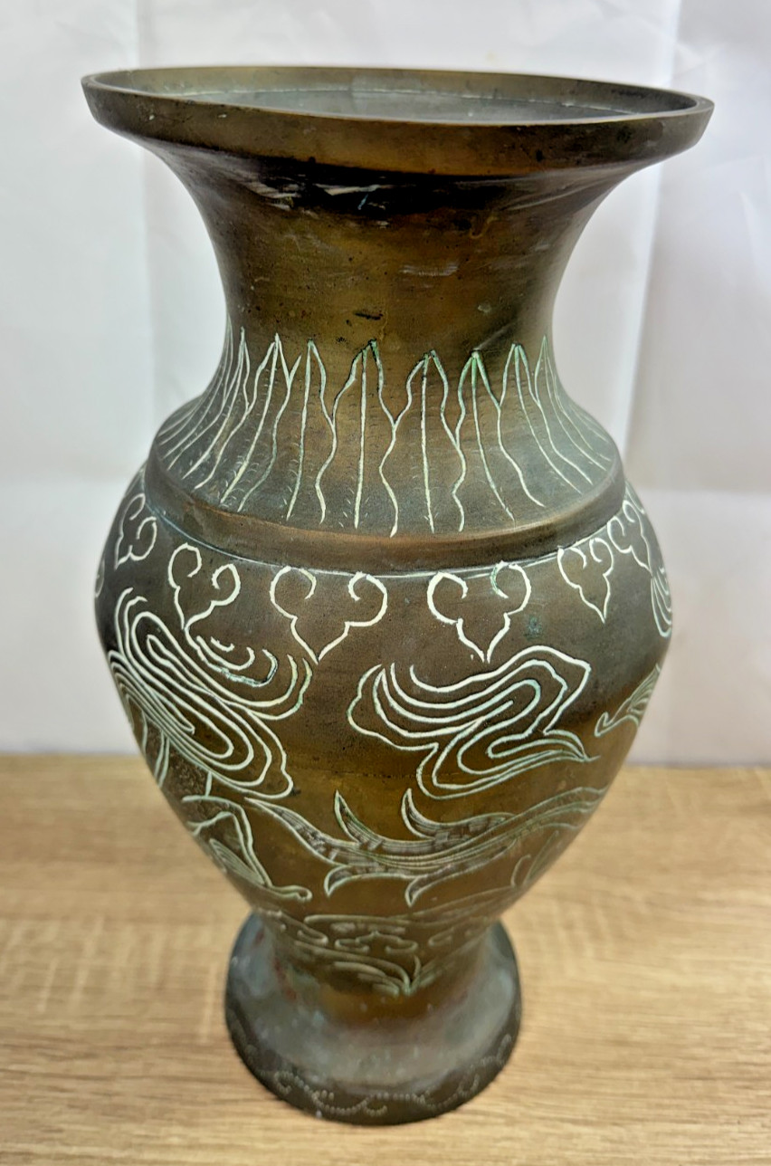 Antique Chinese Bronze Vase Silver Wire Inlay Cloud Dragon Marked 30cm Baluster