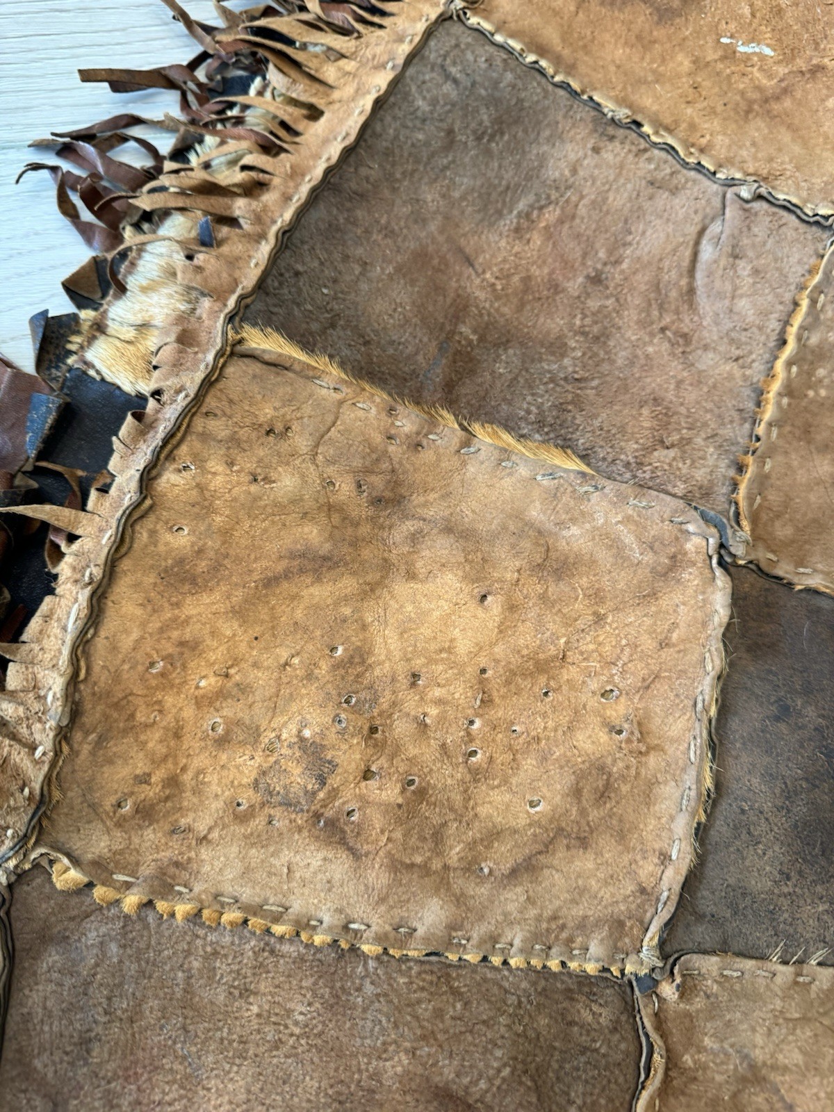 VTG Patchwork Leather Area Rug Wall Hanging Boho Hippy Cowboy Cabin Western Boho
