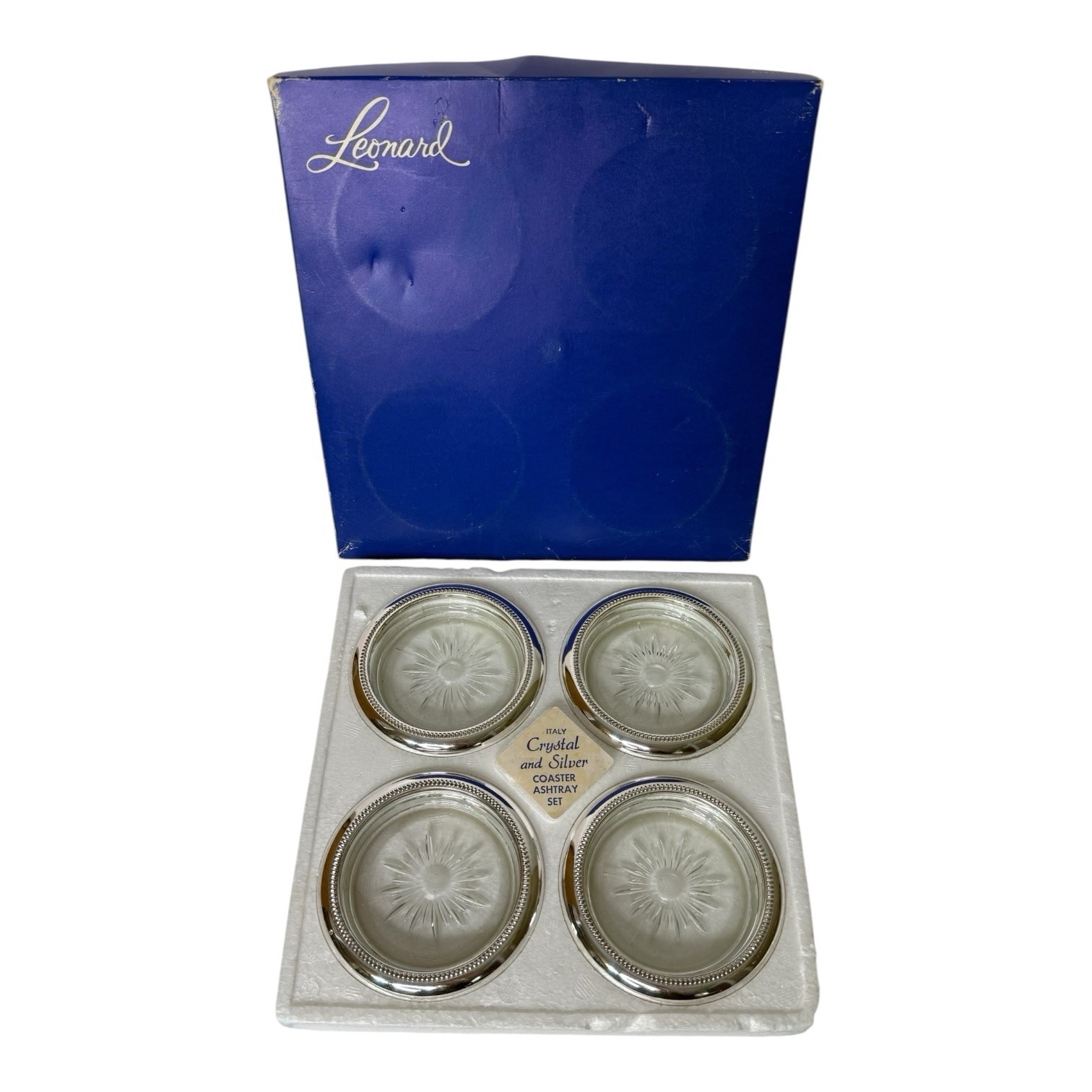 Vintage Leonard Crystal and Silver Plate Coaster Ashtray Set of 4 Italy In Box