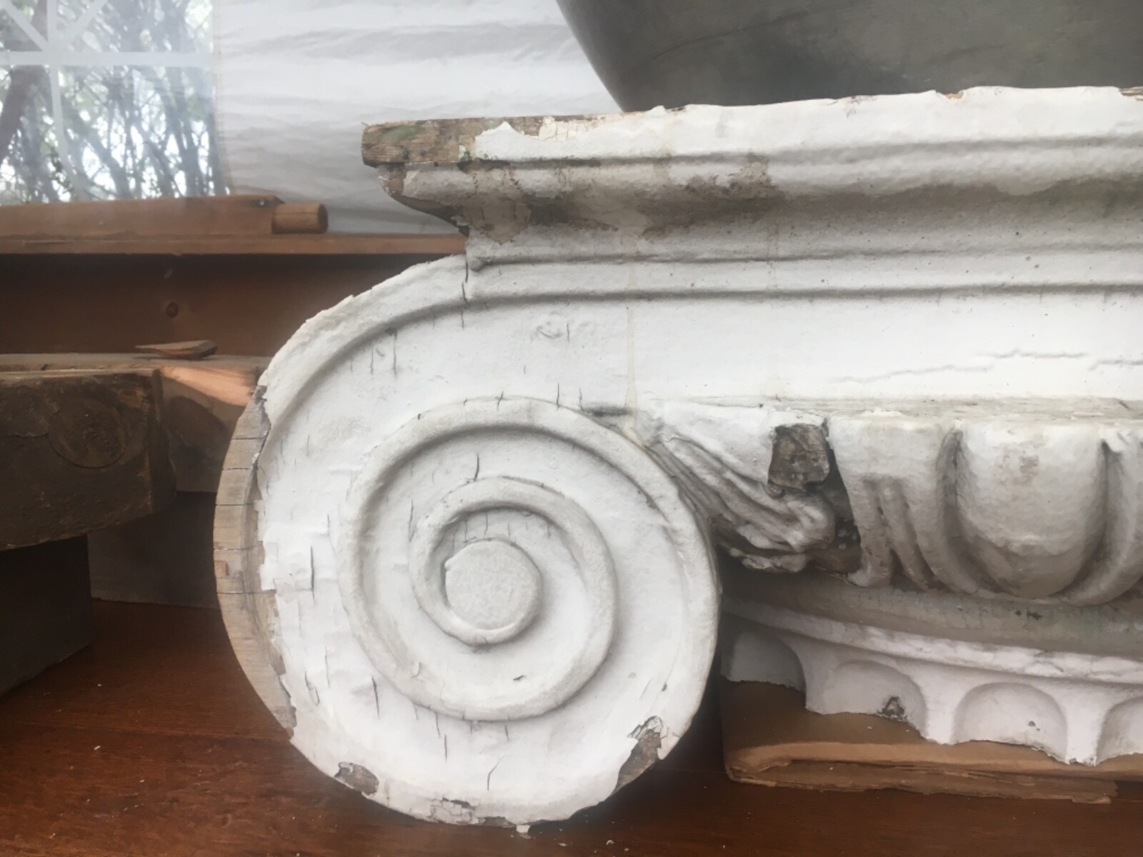 c1900 wooden IONIC capital w fluted collar 33.5” w x 28” d x 12” h 26”sq 19” dia