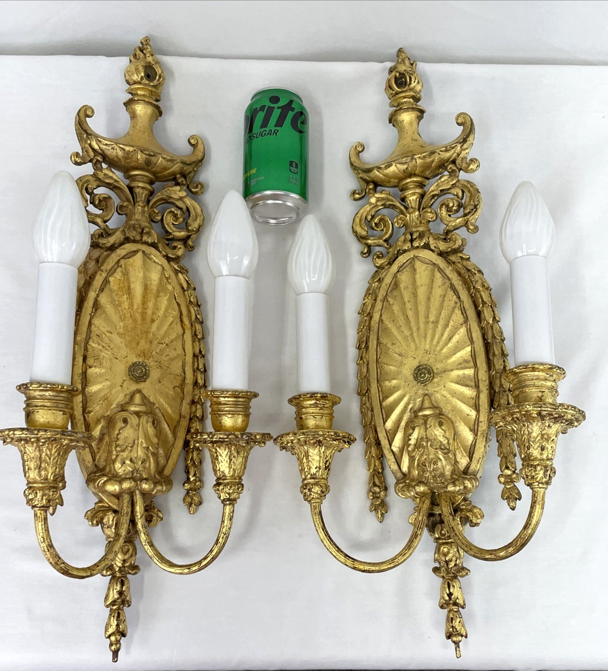 REWIRED Pair Antique Gilt Wall Sconces Art Deco Victorian Neoclassical Gold Vtg