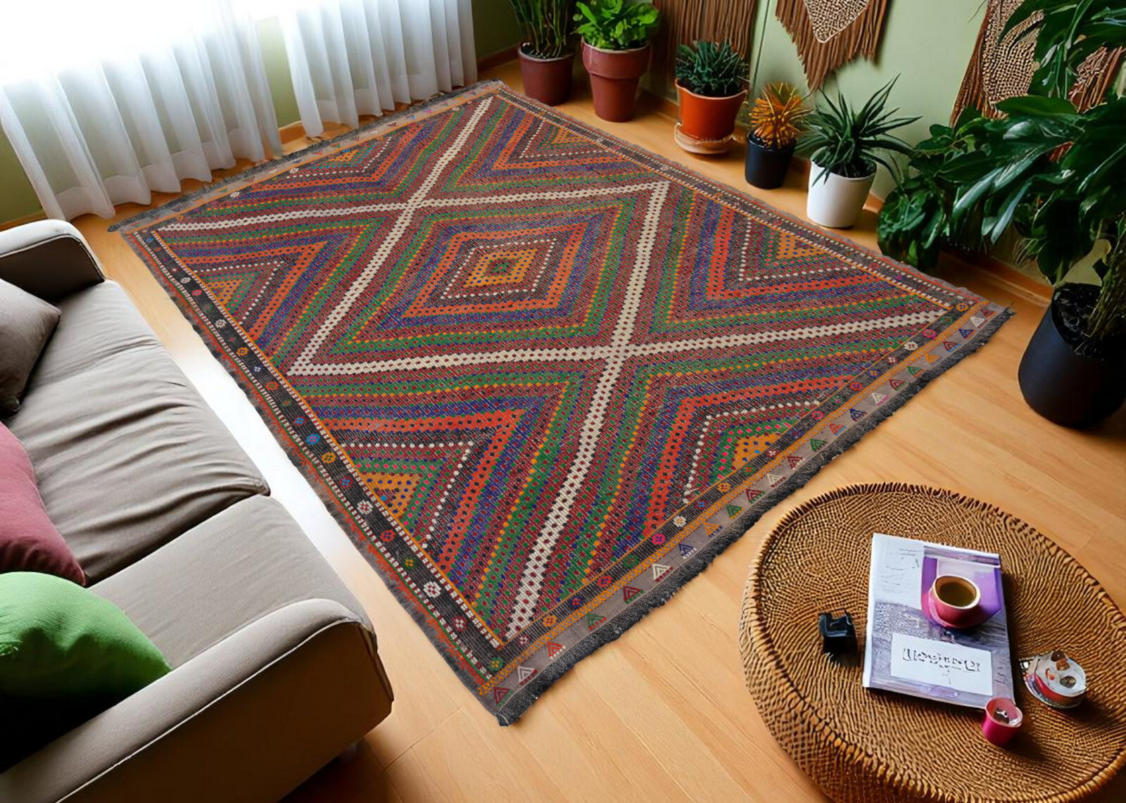 Vintage Turkish Cicim Kilim Rug 6’9″x9’6″ – Handwoven Wool on Cotton Flatweave