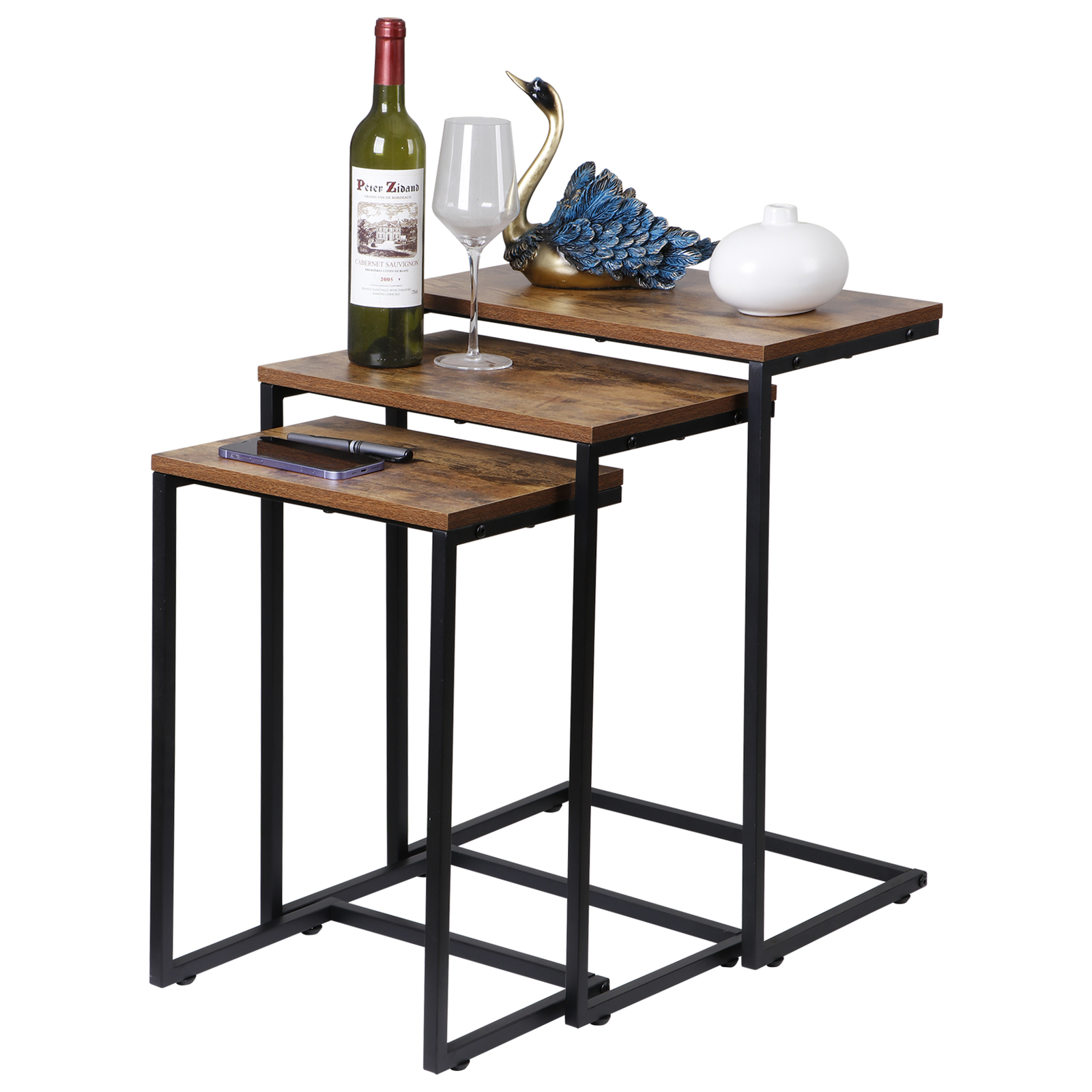 Stackable End Table Brown C-shaped Coffee Nesting Table Set of 3 w/Metal Frame