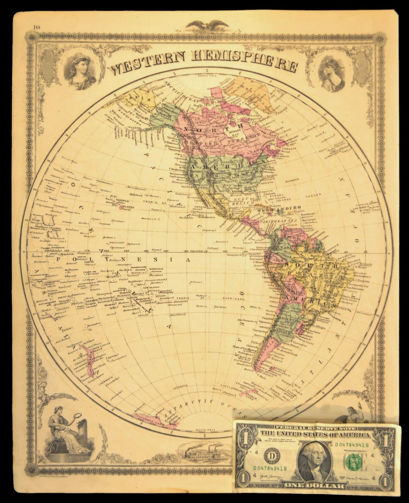 ca 1875 World Map of the Western Hemisphere Hand Colored Original Atlas Antique