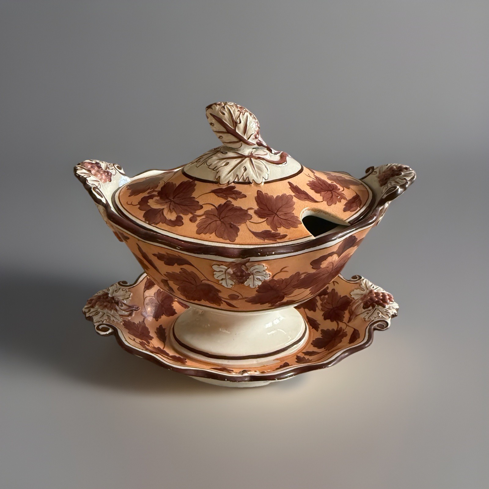 Antique J&W Ridgway Navette Lidded Sauce Tureen w/ Tray, Grape Leaves C1815